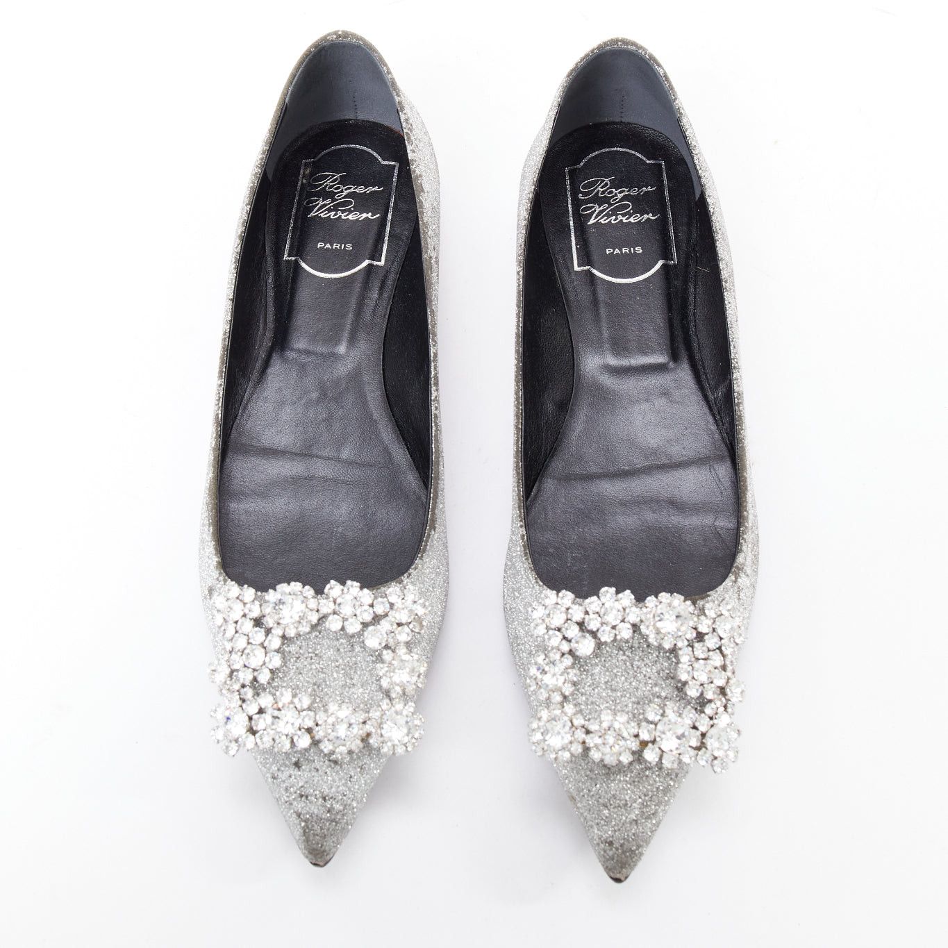 ROGER VIVIER silver glitter crystal buckle pointy toe ballerina
