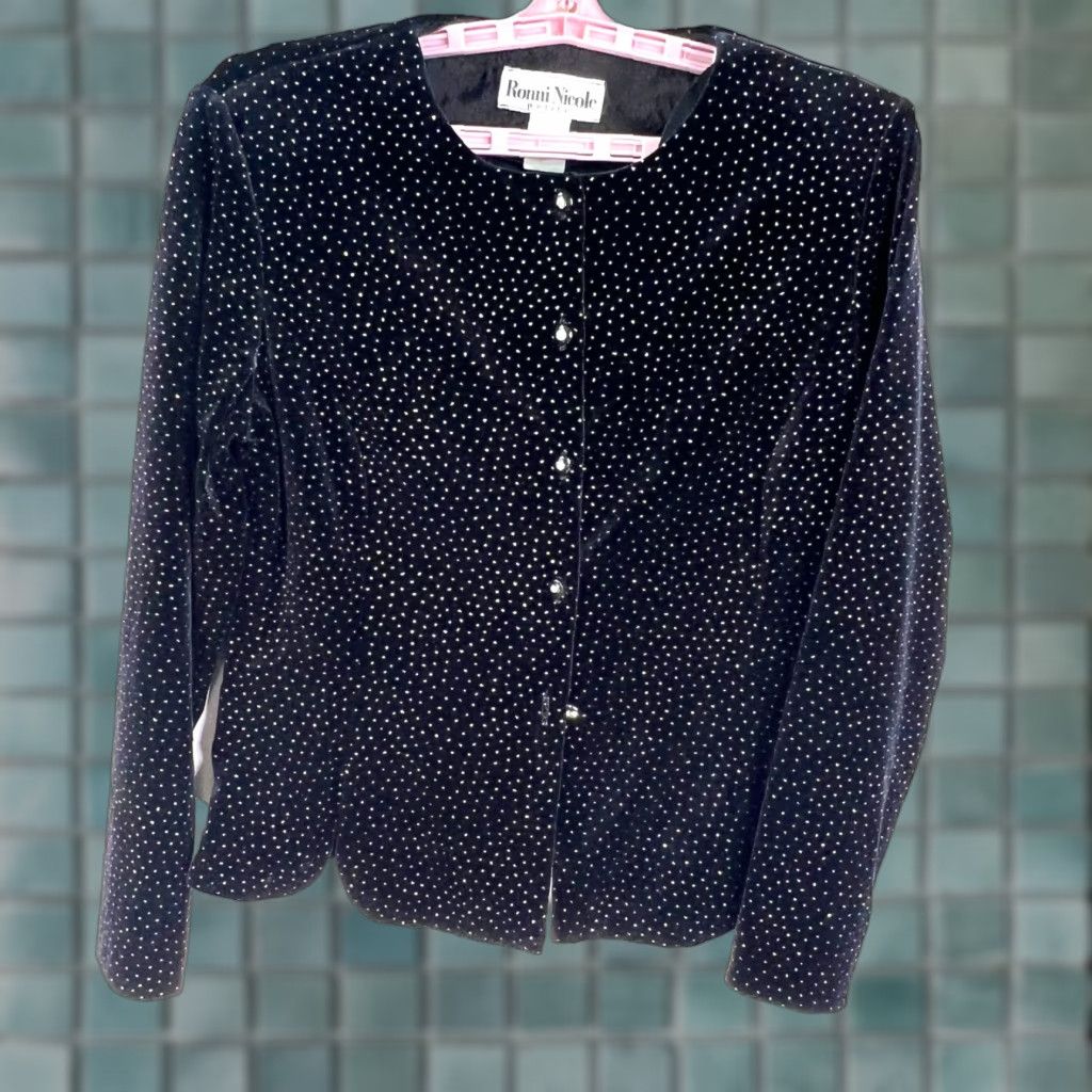 Velvet Ronni Nicole Button-Up Jacket Women's Petite 14P Black Velvet Glitter Sparkle Cardigan Shirt Size XL / US 12-14 / IT 48-50 - 1 Thumbnail