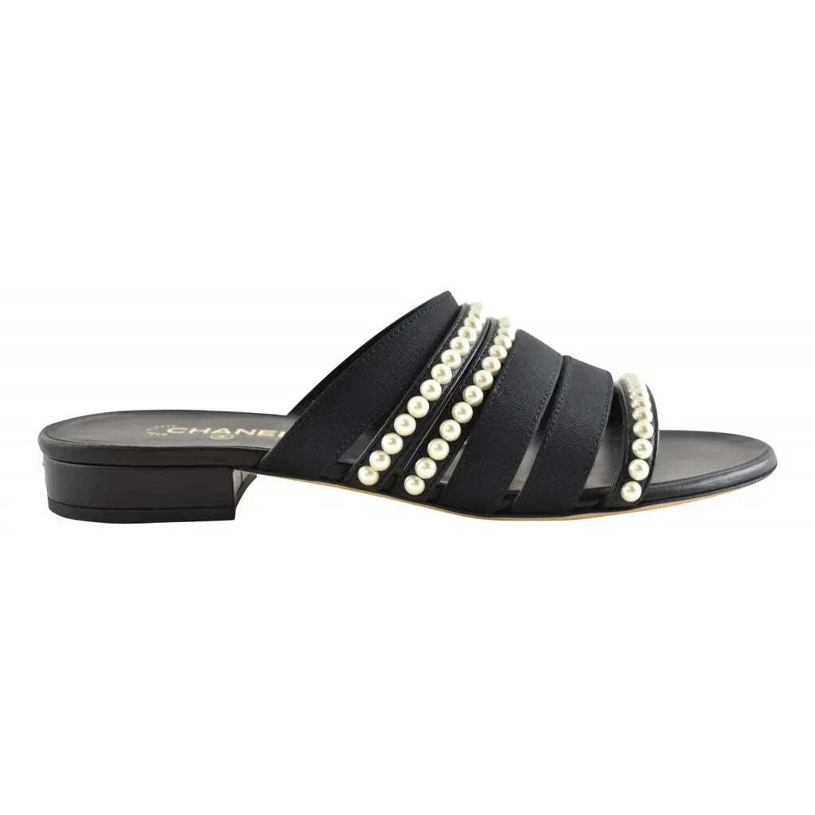 Chanel Chanel 20P Black White Pearl Strap CC Logo Slide Slip On Size US 8 / IT 38 - 1 Thumbnail