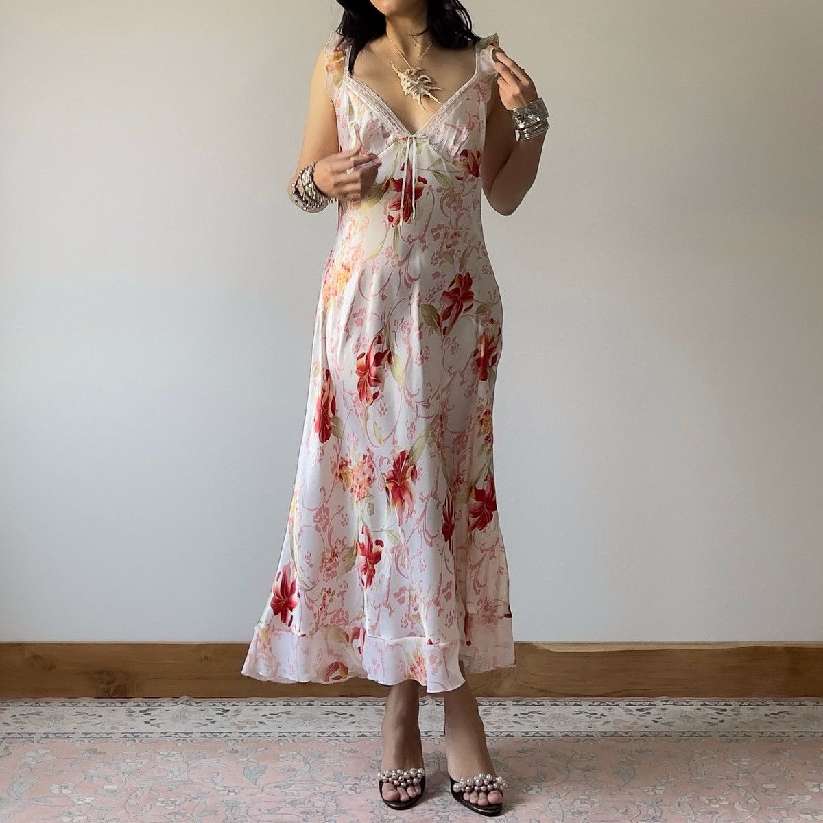 Other Romantic White Floral Satin Maxi Slip Dress (L) Size L / US 10 / IT 46 - 3 Thumbnail