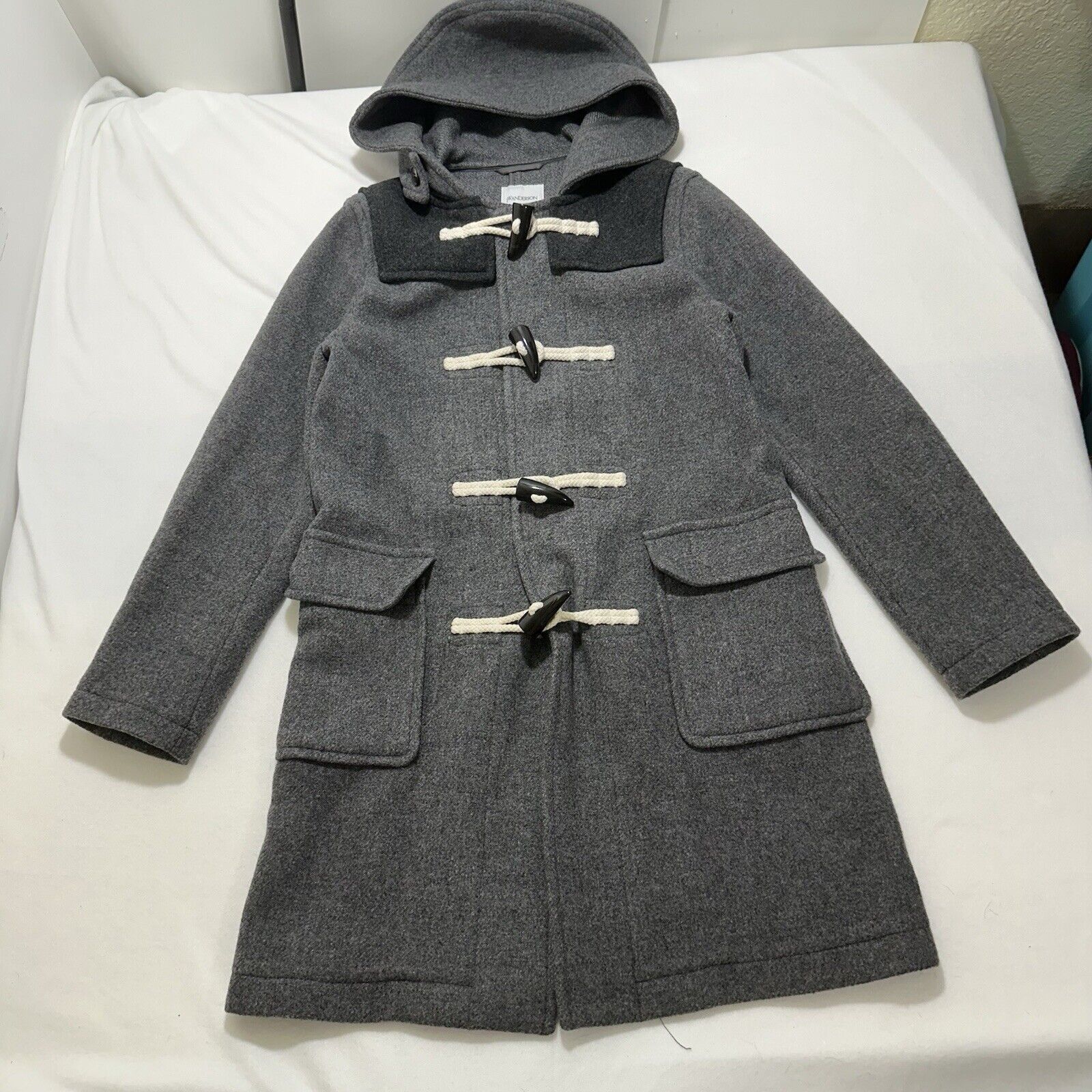 JW Anderson Uniqlo XS Gray Wool Blend Duffle Coat Hood Faux