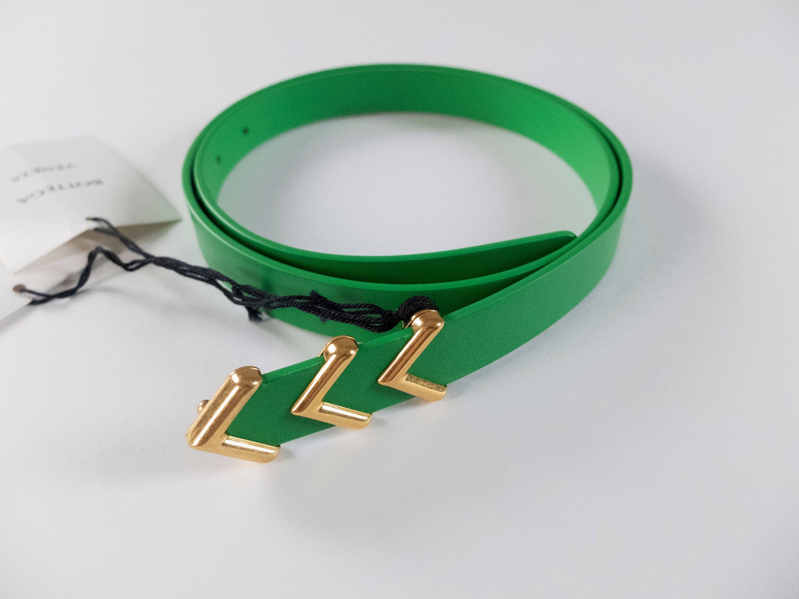 Bottega Veneta BOTTEGA VENETA green & gold chevron leather belt 90 Size 36 - 1 Thumbnail