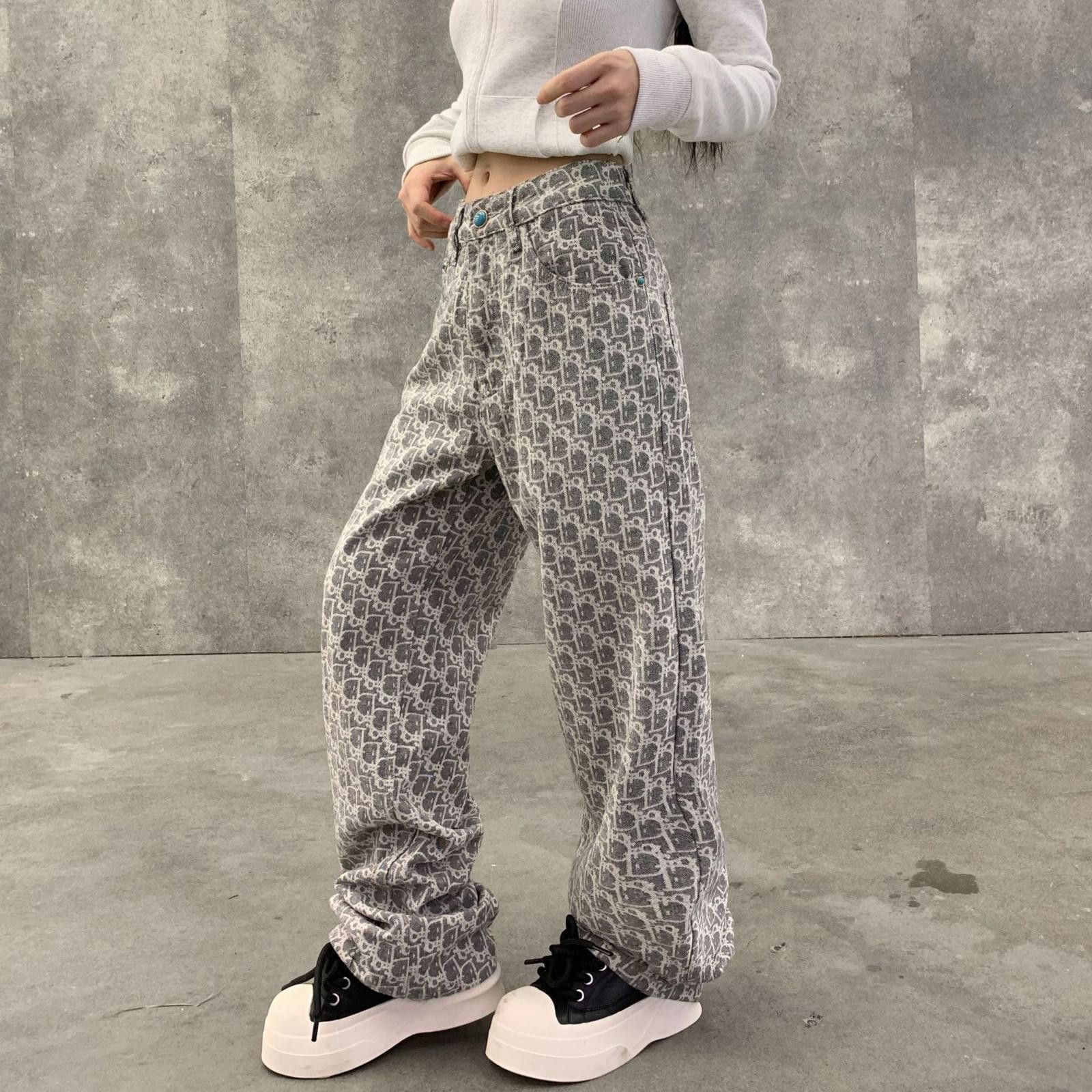 Vintage Gray Patterned Loose Fit Casual Pants, Wide Leg Pants Size 30" / US 8 / IT 44 - 3 Thumbnail