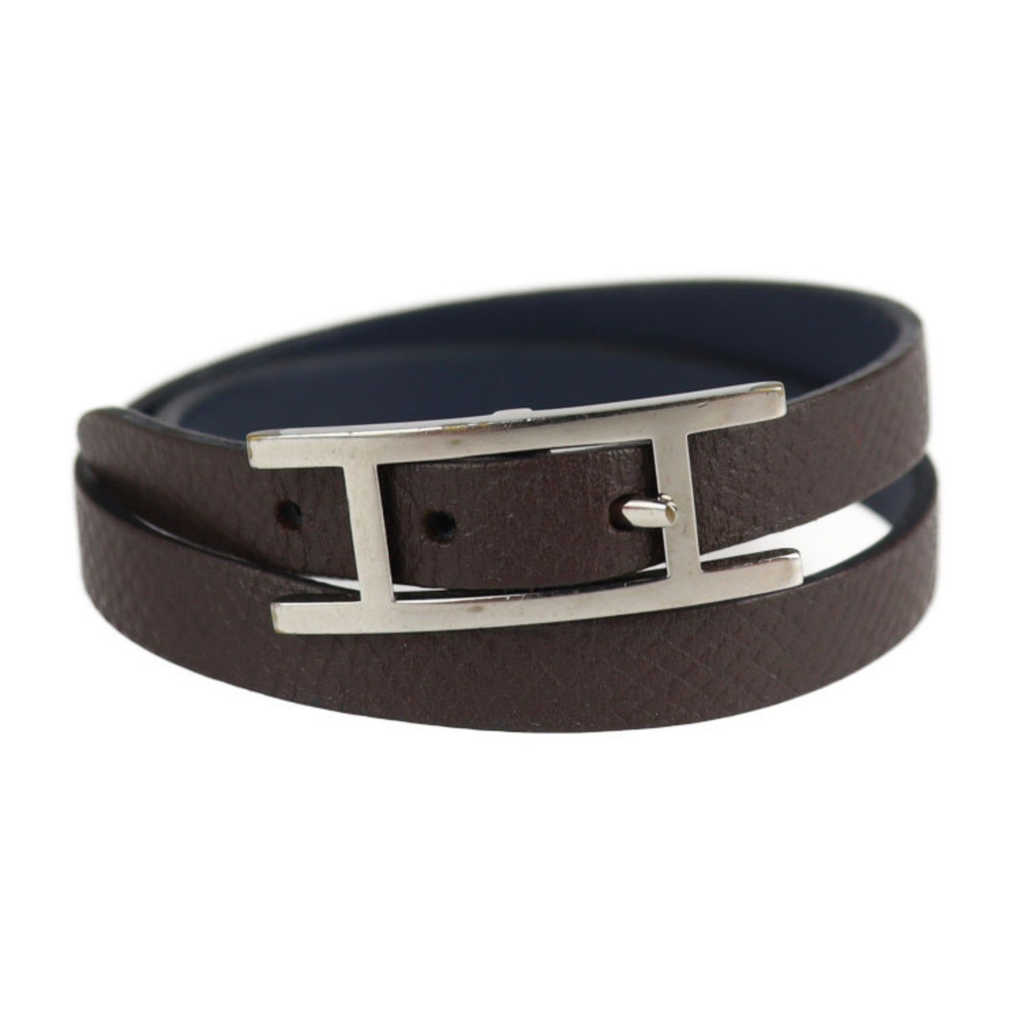 image of Hermes Api Bracelet Notation Size S Leather Brown Navy H 2 Rows Reversible in Black, Women's