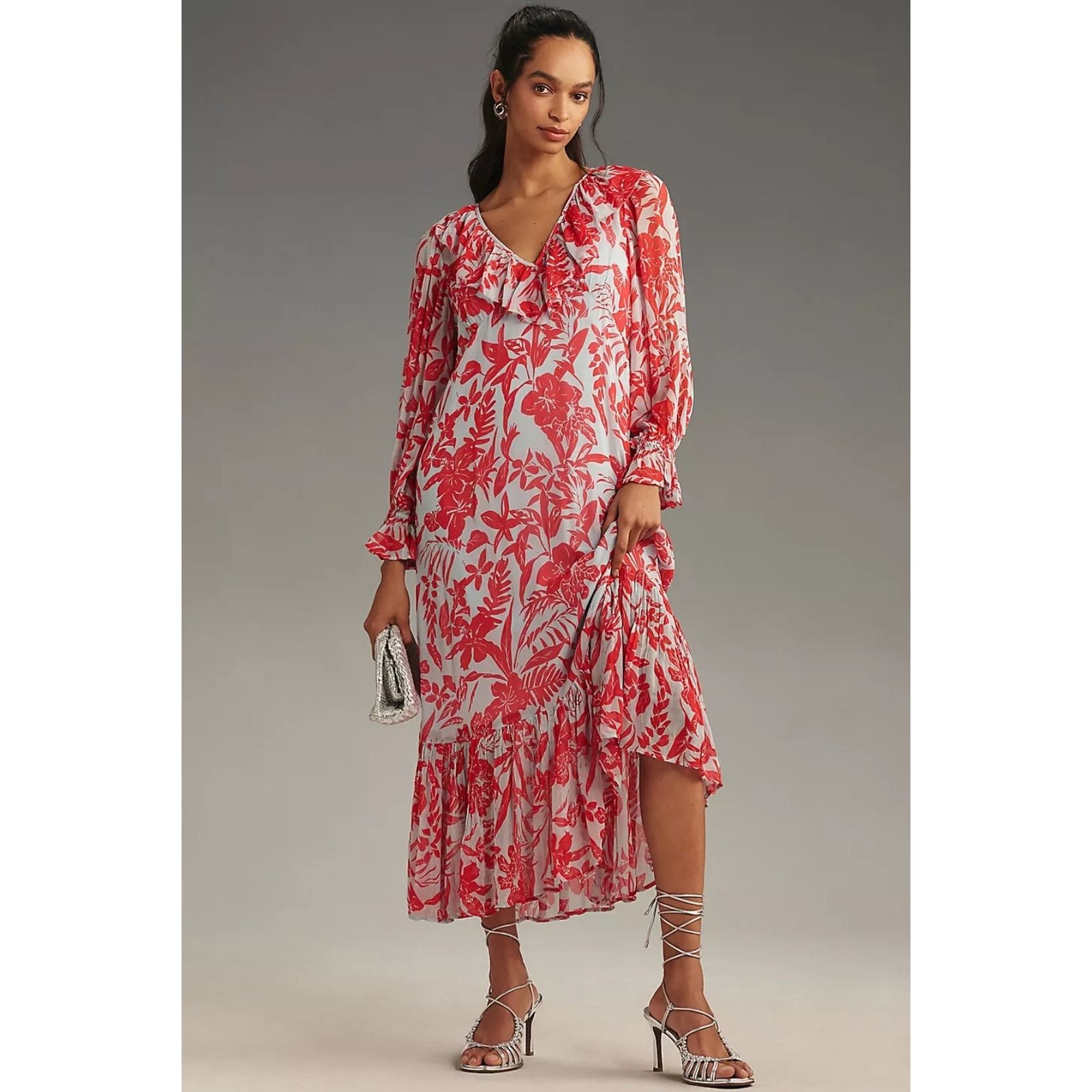 New Anthropologie Long-Sleeve V-Neck Chiffon Midi Dress