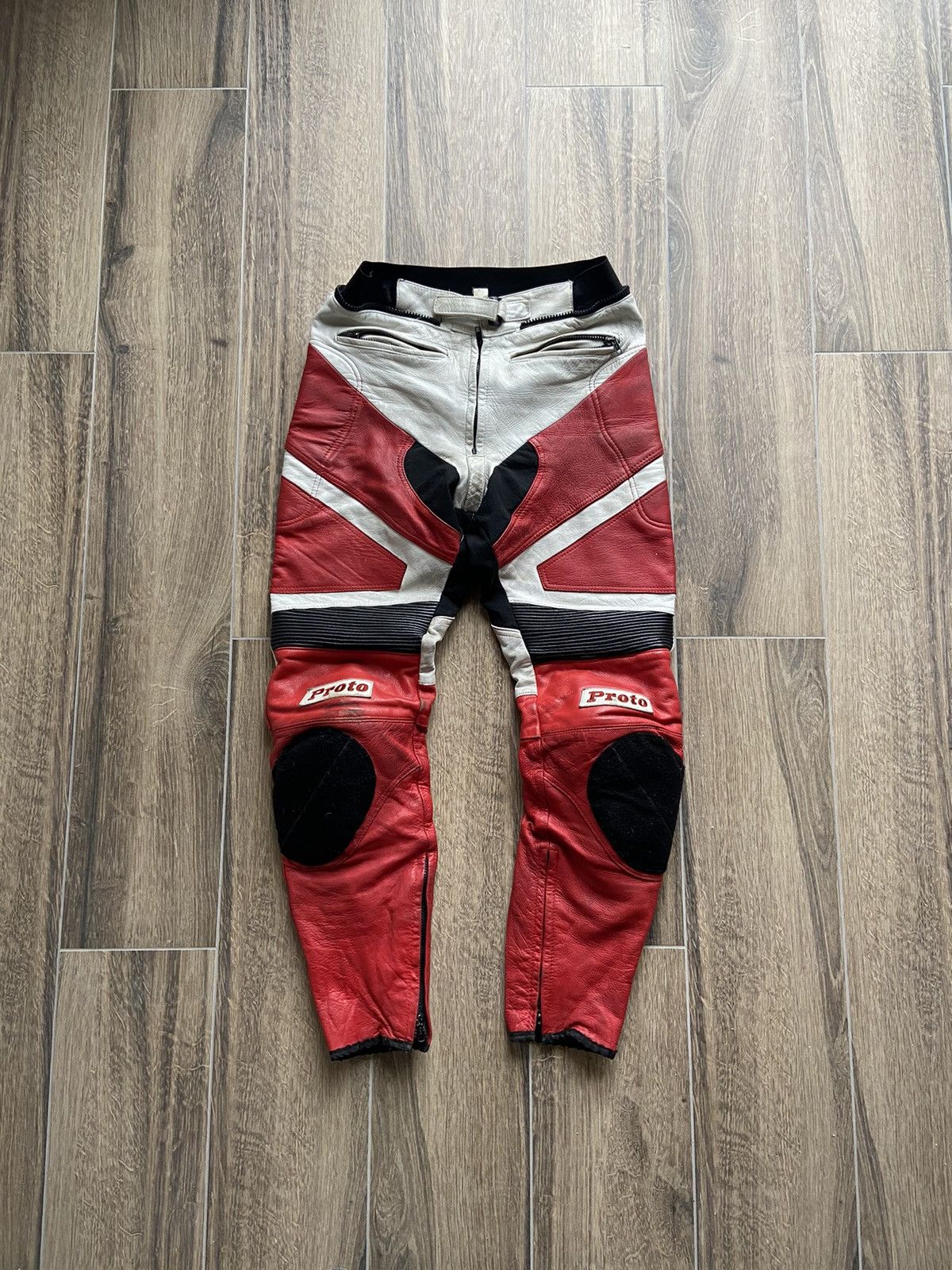 image of Vintage Proto Racing Leather Pants Mens Y2K in Black White Red (Size 32)