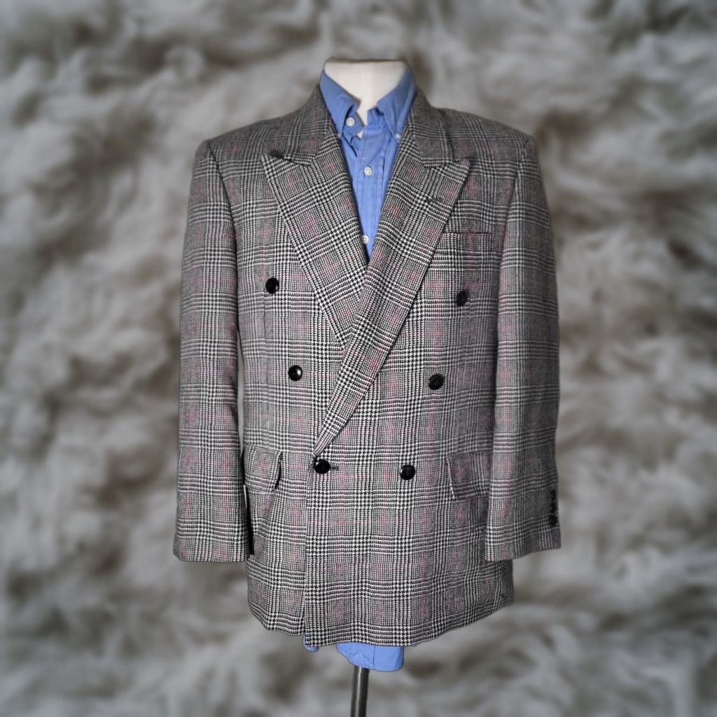Doublet VINTAGE lansons Blazer Men 38S Double Breasted Peak Lapel Plaid Wool Silk Polyester Blazer Short Length Black Red White 90s Sports Mens Size 38R - 1 Thumbnail
