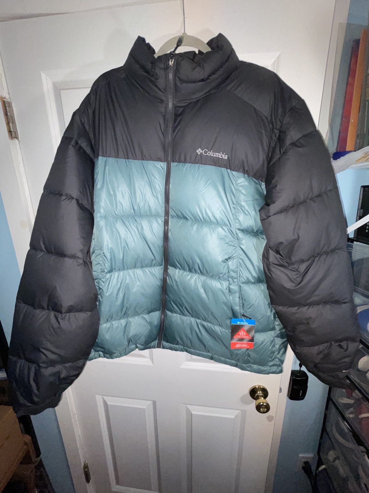 image of New! Columbia Thermal Reflective Heat Puffer Jacket in Aqua Chrome Black, Men's (Size XL)