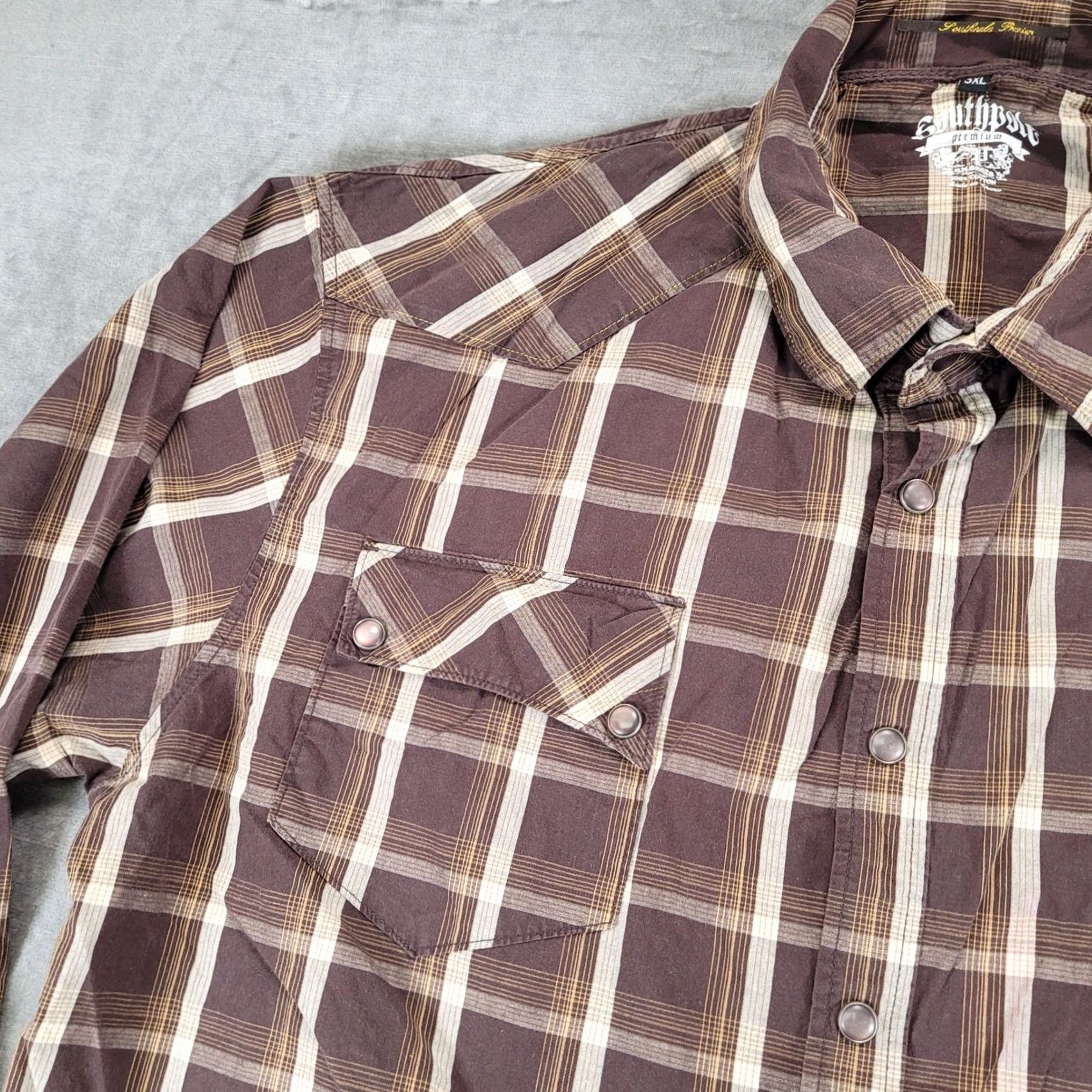Southpole Southpole Premium Mens 3XL Plaid Western Shirt Long Sleeve Pearl Snap Brown Size US XXL / EU 58 / 5 - 7 Thumbnail