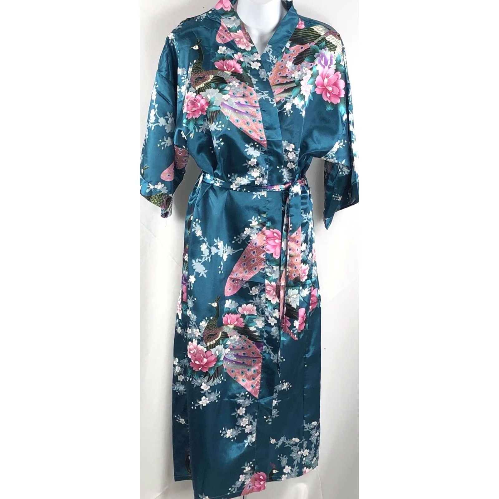 Vintage Boutique Kimono Robe S Teal Pink Peacock Floral Satin Maxi Belted Japan Womens Size ONE SIZE - 4 Thumbnail