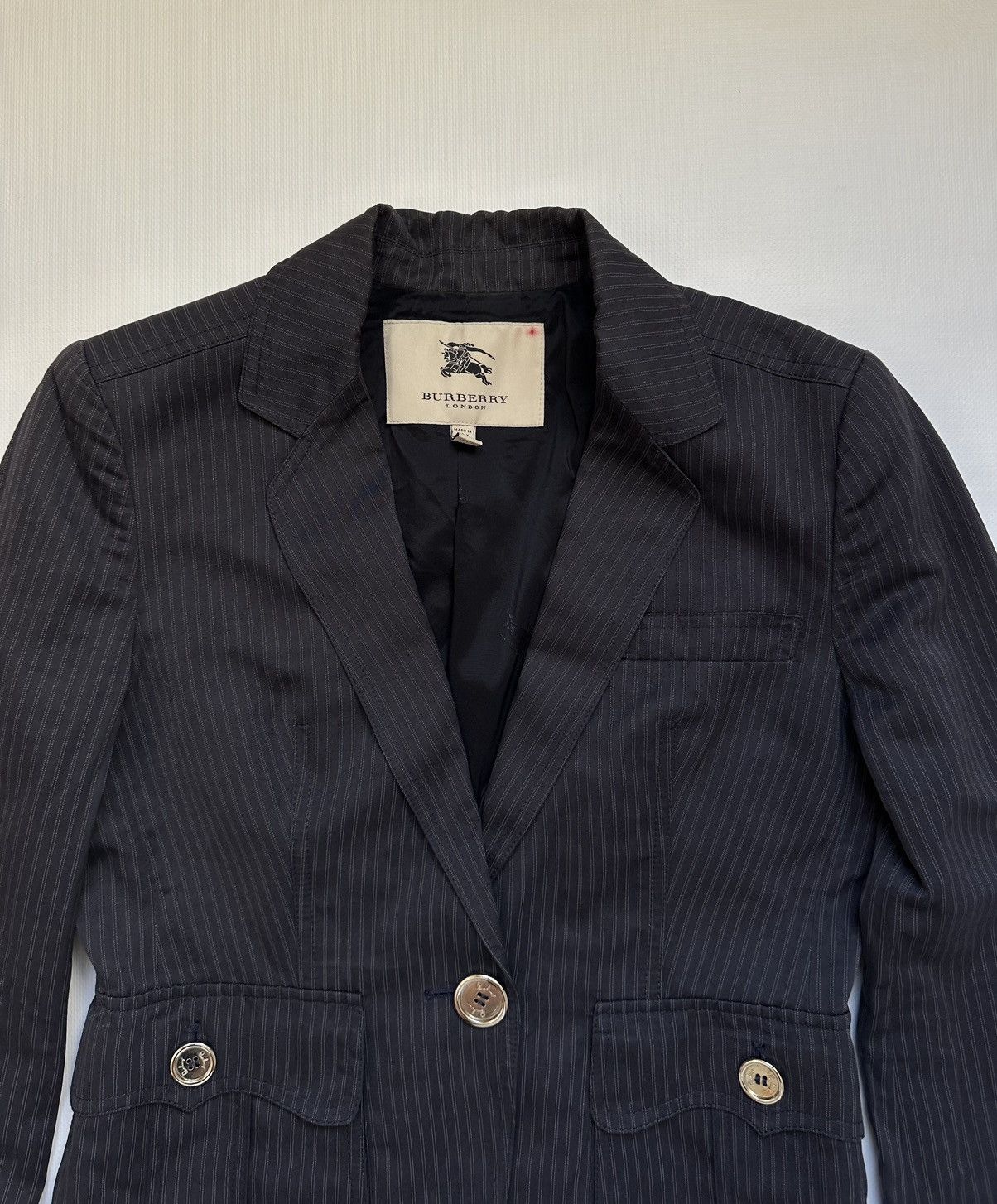 Burberry-Vintage Navy Gray Blazer Jacket-Shiny Silver