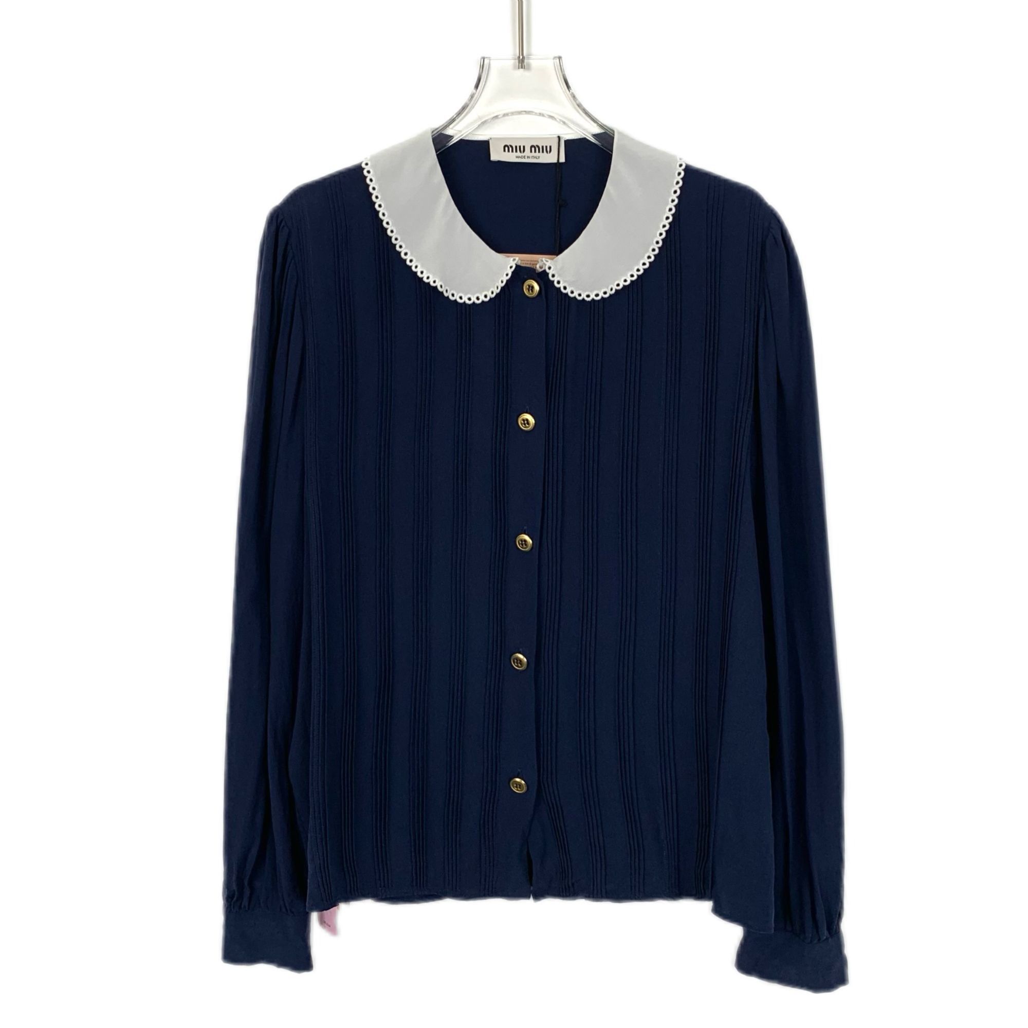 Miu Miu Miu Miu 2022 Navy Silk Peter Pan Collar Button-Up Shirt (Siz Size S / US 4 / IT 40 - 1 Thumbnail