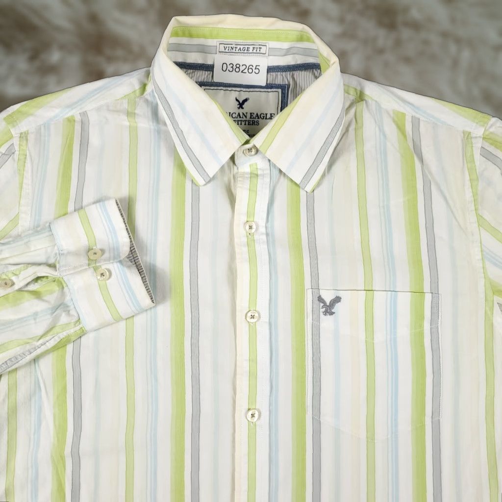 American Eagle Outfitters Shirt American Eagle Mens Large Yellow/Green White Striped Button Up Long Sleeve Size US L / EU 52-54 / 3 - 1 Thumbnail