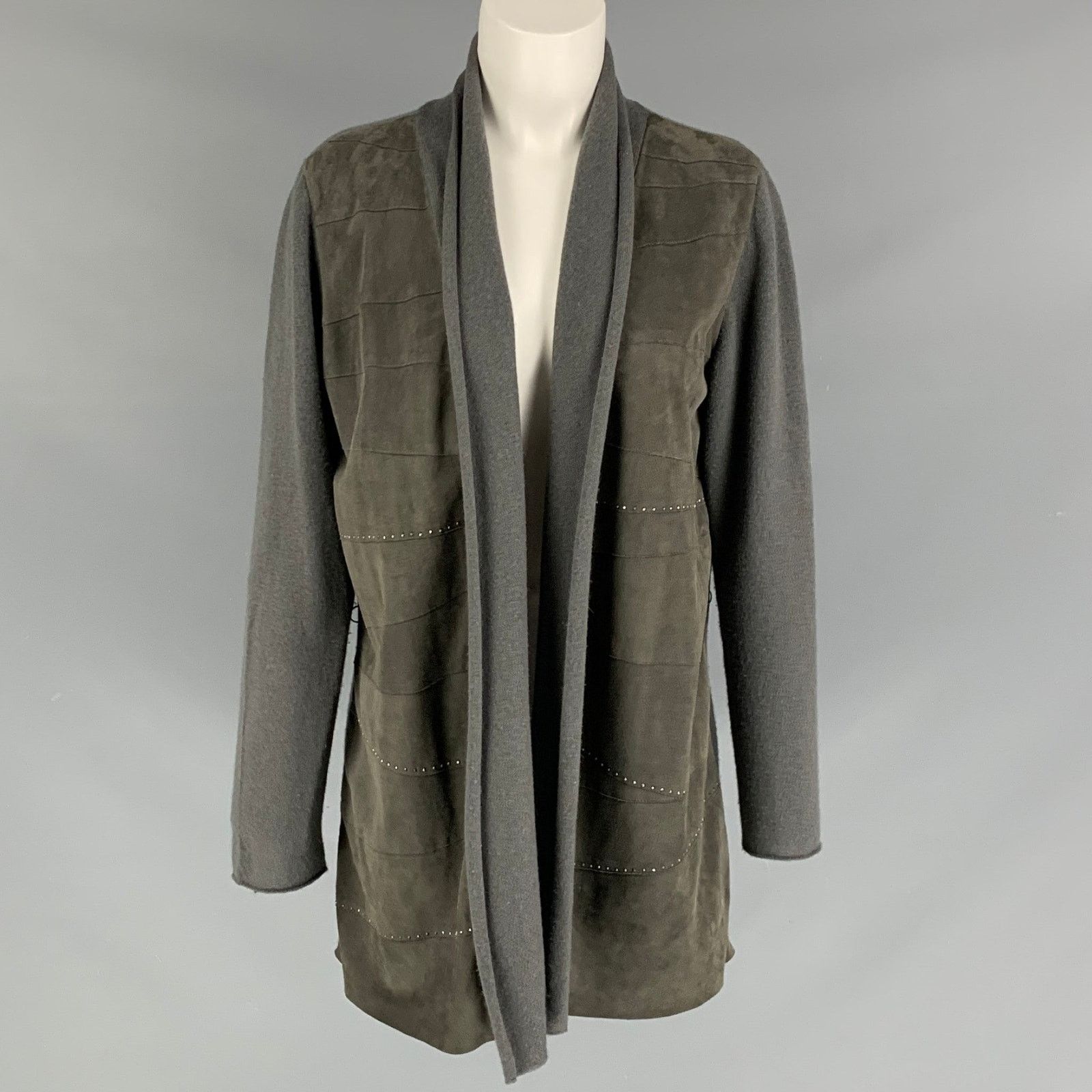 Fabiana Filippi M Olive Suede Studded Open Front Grey Cardigan Size M / US 6-8 / IT 42-44 - 1 Thumbnail