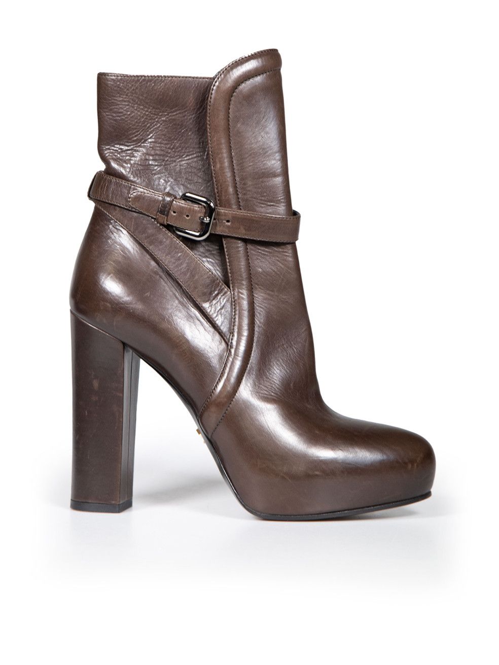 image of Prada Brown Leather Buckle Strap Boots, Women's (Size 8)
