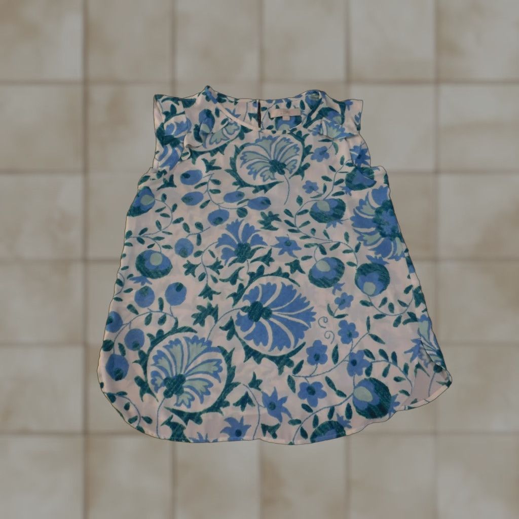 Loft LOFT Blouse Womens Medium White Blue Floral Sleeveless Ruffle Neck Work Top Size M / US 6-8 / IT 42-44 - 1 Thumbnail