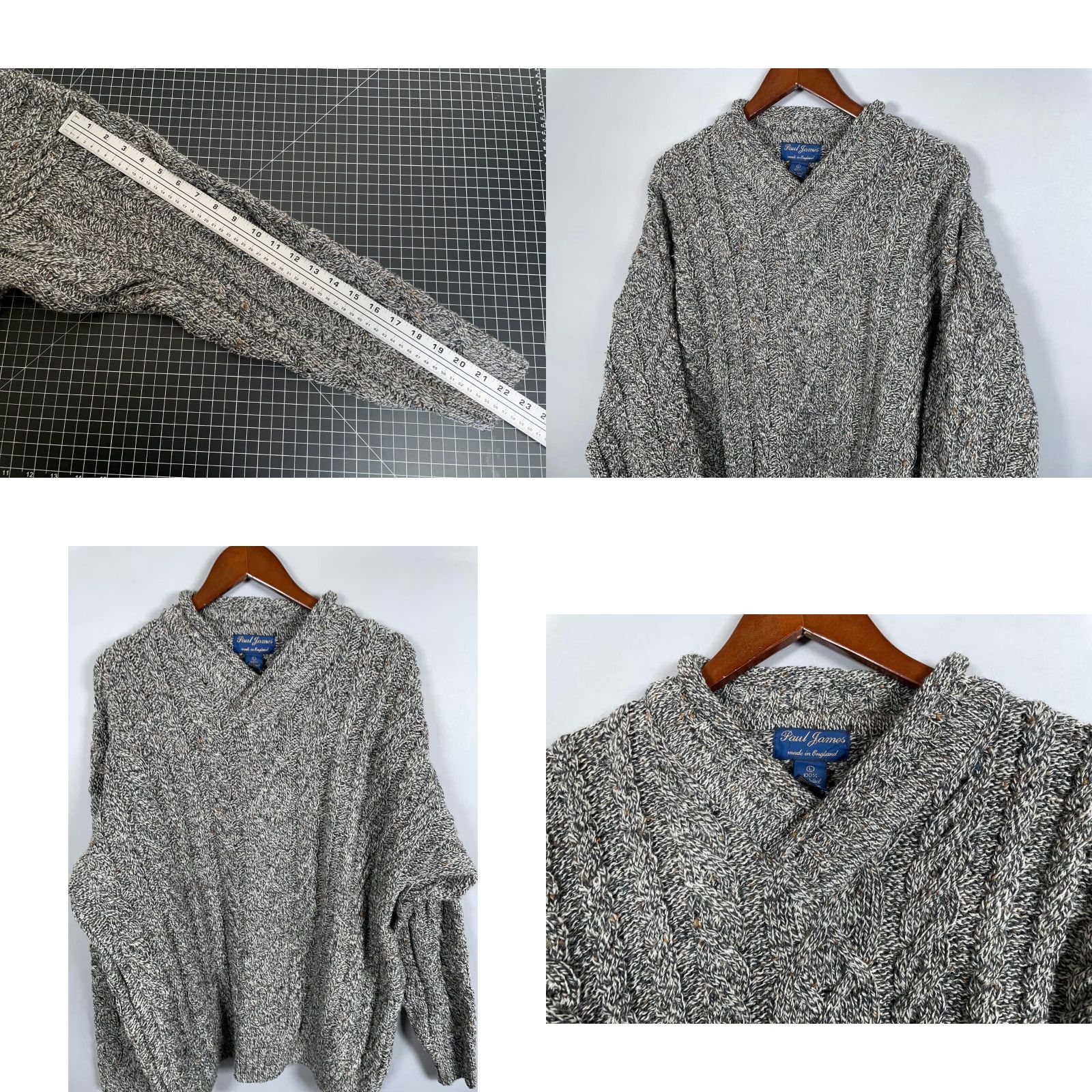 Paul James VINTAGE Paul James Pure Wool Sweater Mens Large Gray Cable Knit Shawl Collar England Size US L / EU 52-54 / 3 - 8 Thumbnail