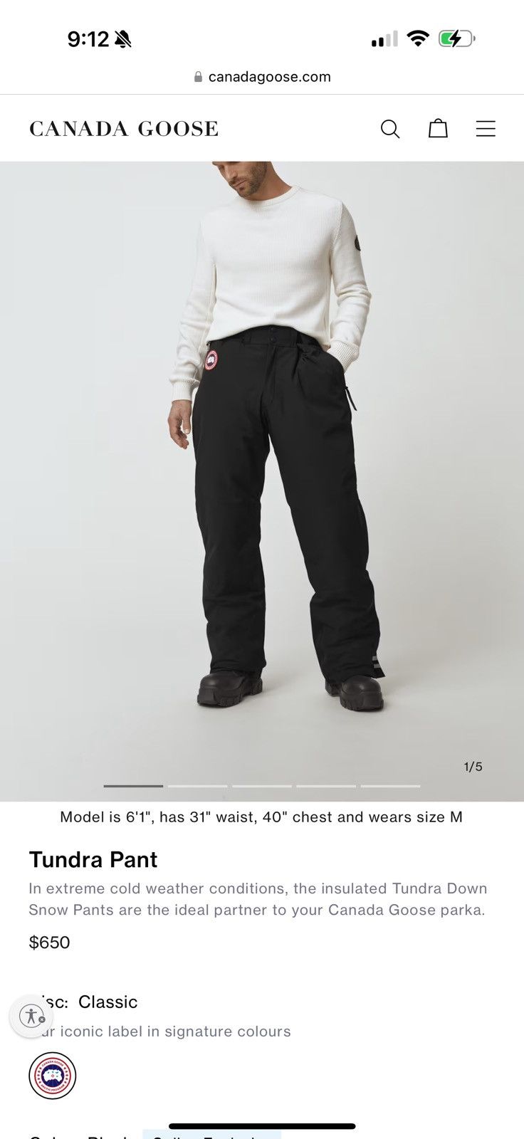 Canada Goose Black Tundra Snow Pants 4810M Men's Medium $650