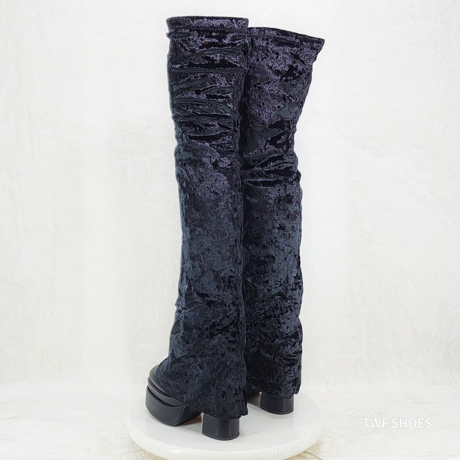 Other Unique Thigh High Black Velvet Fold over Skirted Chunky Heel Size US 8 / IT 38 - 4 Thumbnail