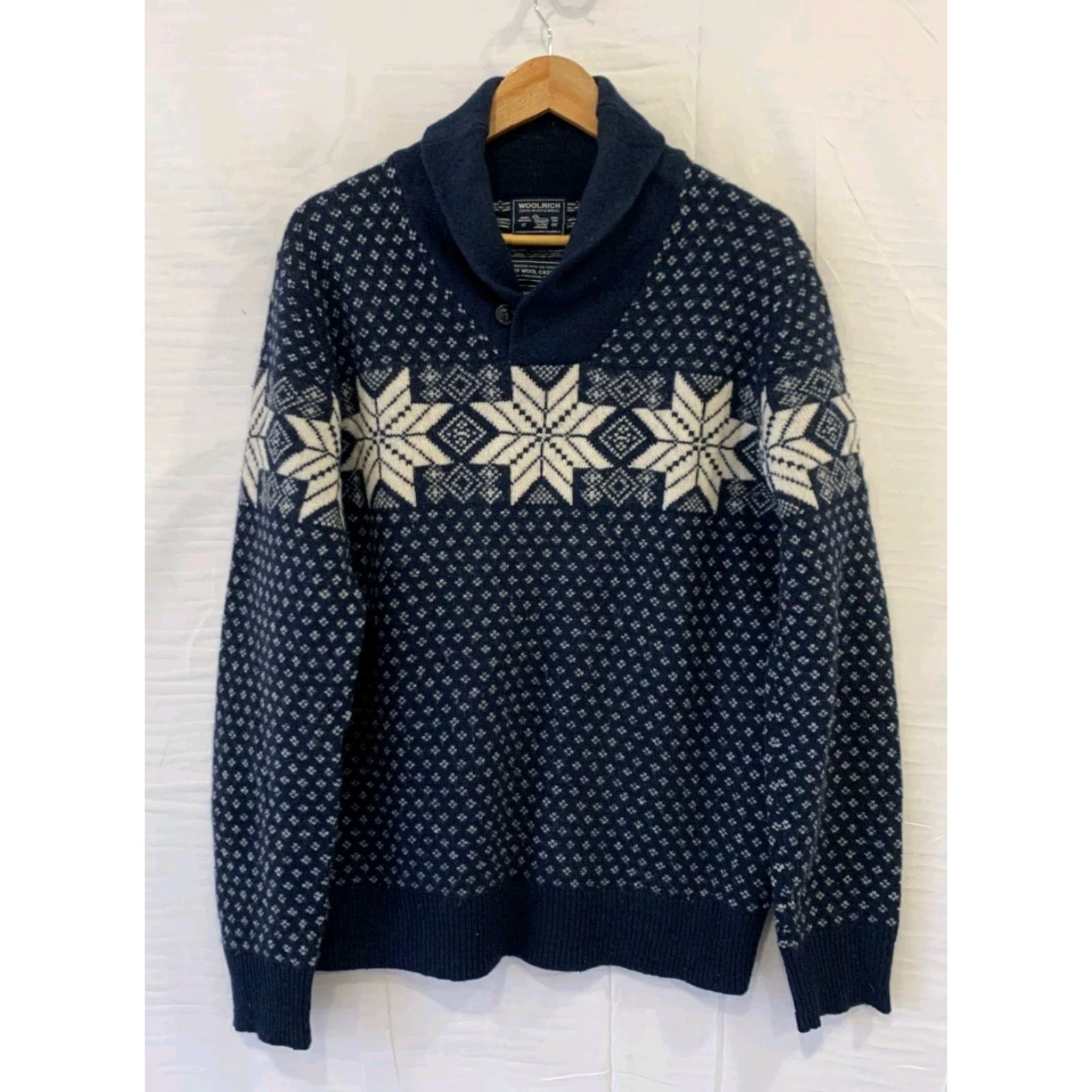 Vintage Woolrich John Rich & Bros Wool Cashmere Nordic Shawl Collar Sweater Mens L Navy Blue / Cream Pullover Knit Wool Cashmere Blend Snowflake Pattern Size US L / EU 52-54 / 3 - 2 Thumbnail