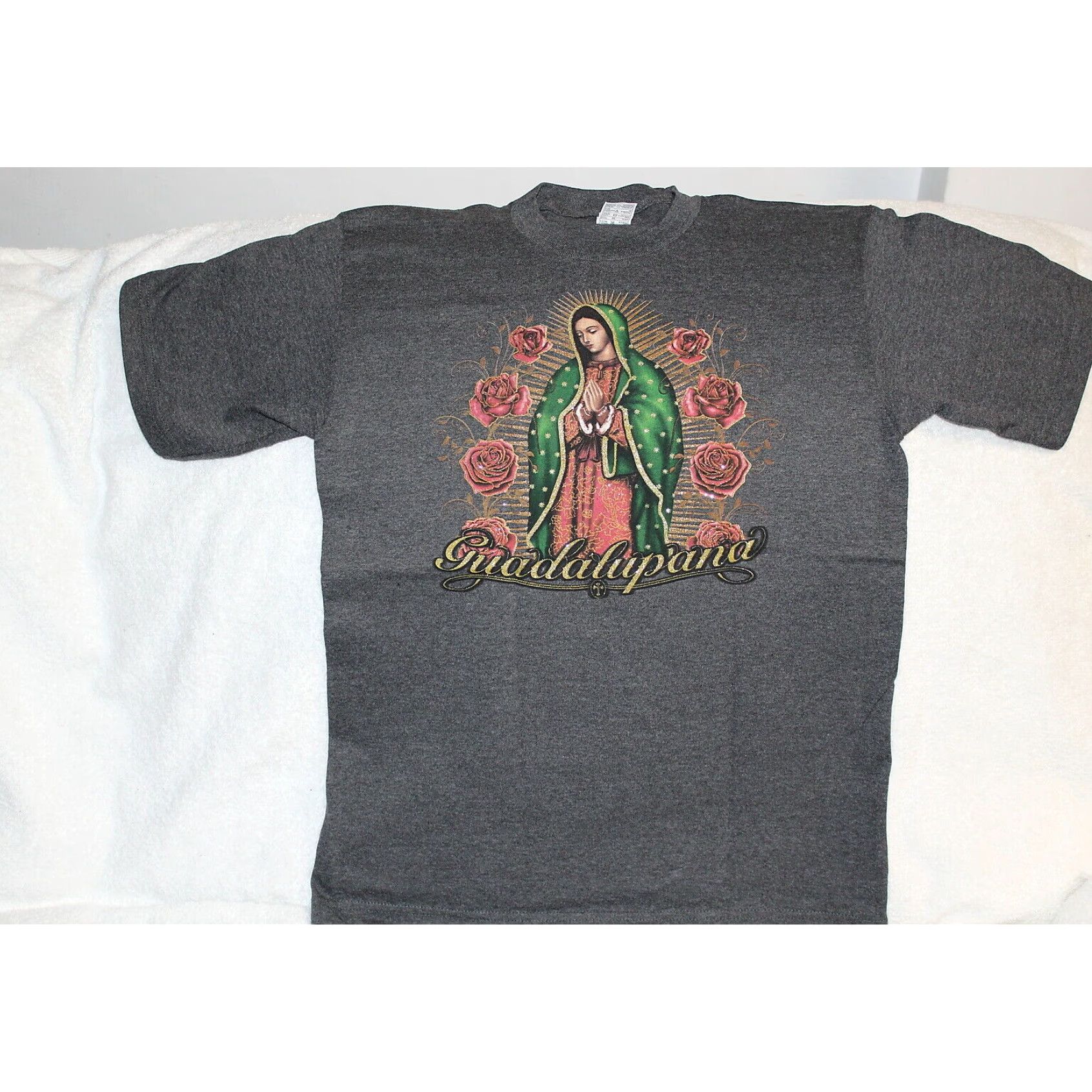 Vintage GUADALUPE VIRGIN MARY T-Shirt, Charcoal Gray, Adult Medium, Graphic Tee, Unisex Size US L / EU 52-54 / 3 - 3 Thumbnail