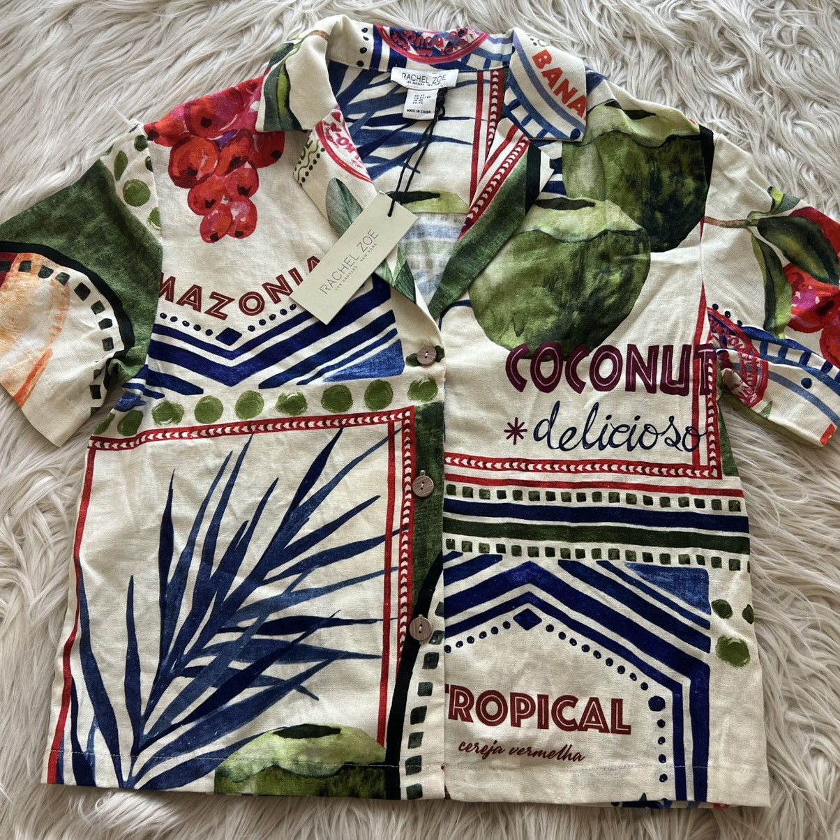 Rachel Zoe Rachel Zoe Linen Top Hawaiian Shirt Boxy Tropical Fruit XS Size XS / US 0-2 / IT 36-38 - 2 Thumbnail