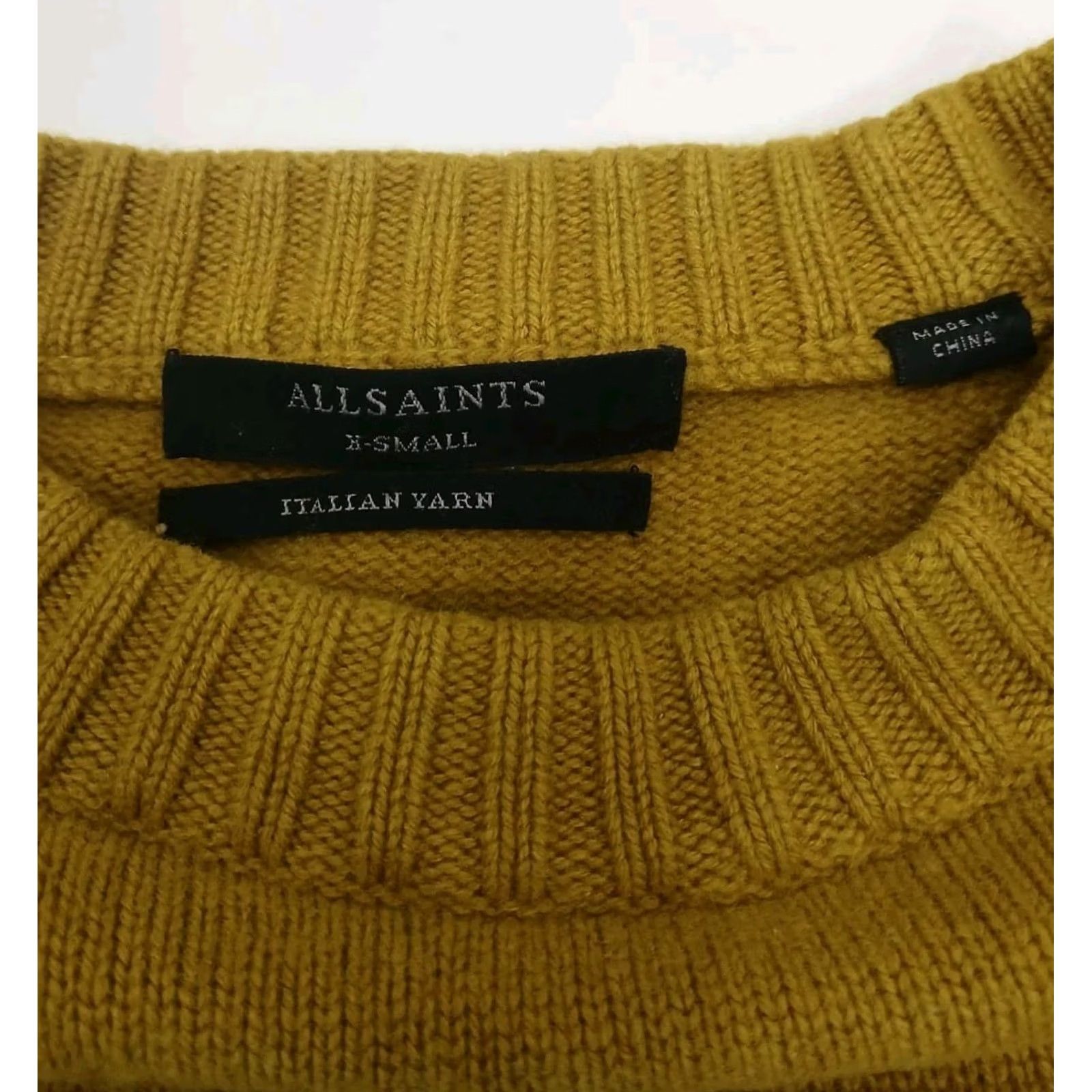 Allsaints Sweater Womens Xs Mustard Cashmere Crewneck Tight Knit Pullover Italian Yarn in Orange, Women's — image 3 of 6