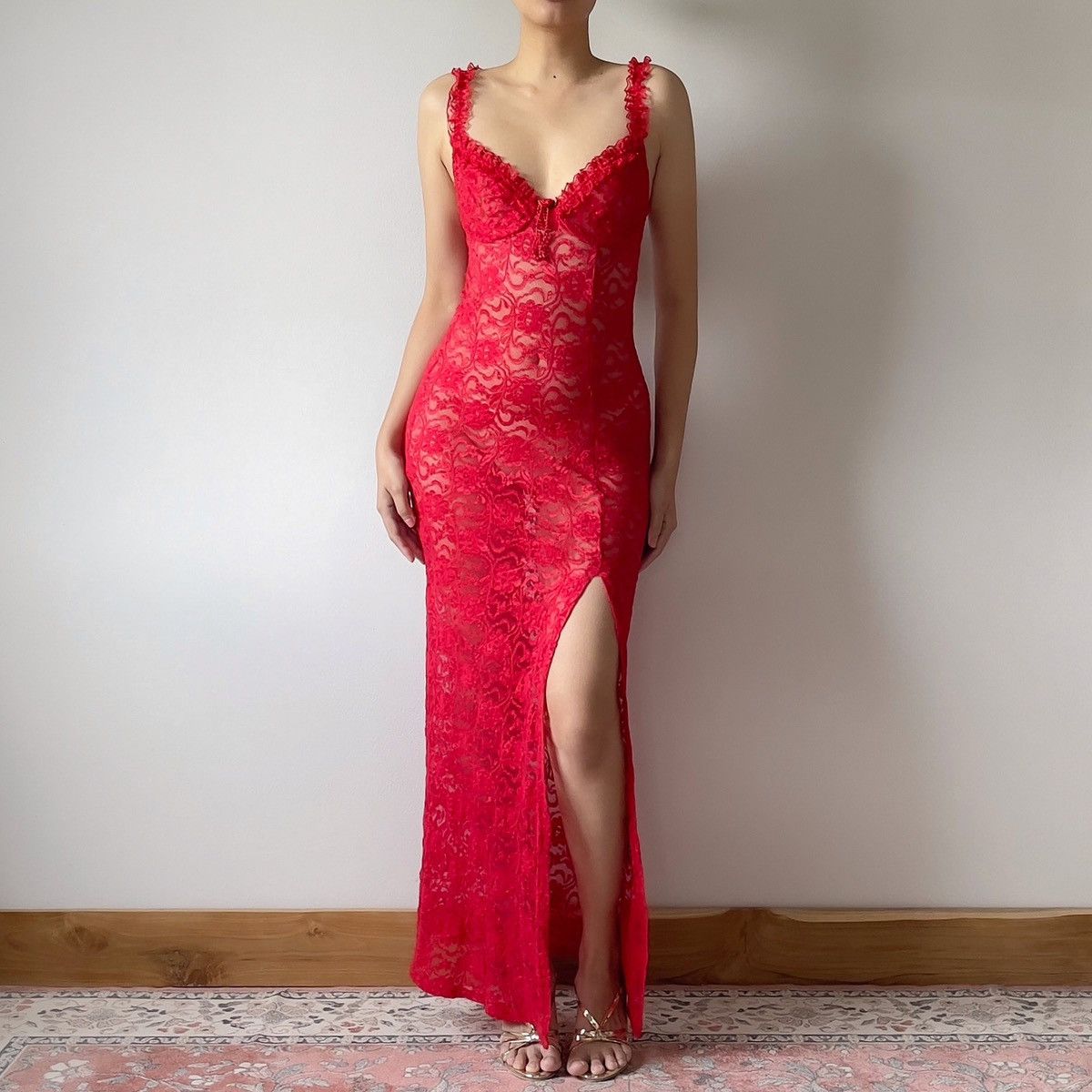 Vintage Vintage Red Lace Sheer Slip Dress (XS-S) Size S / US 4 / IT 40 - 4 Thumbnail