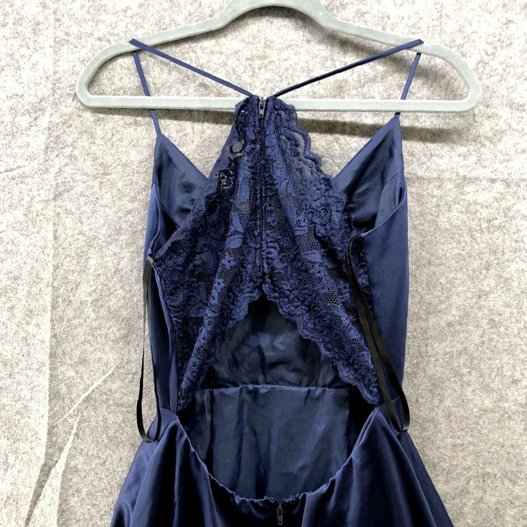 Vintage B. Darlin Satin Dress Size 7/8 Dark Blue Cut Out Lace Back Fit Flare Padded Cami Size M / US 6-8 / IT 42-44 - 6 Thumbnail