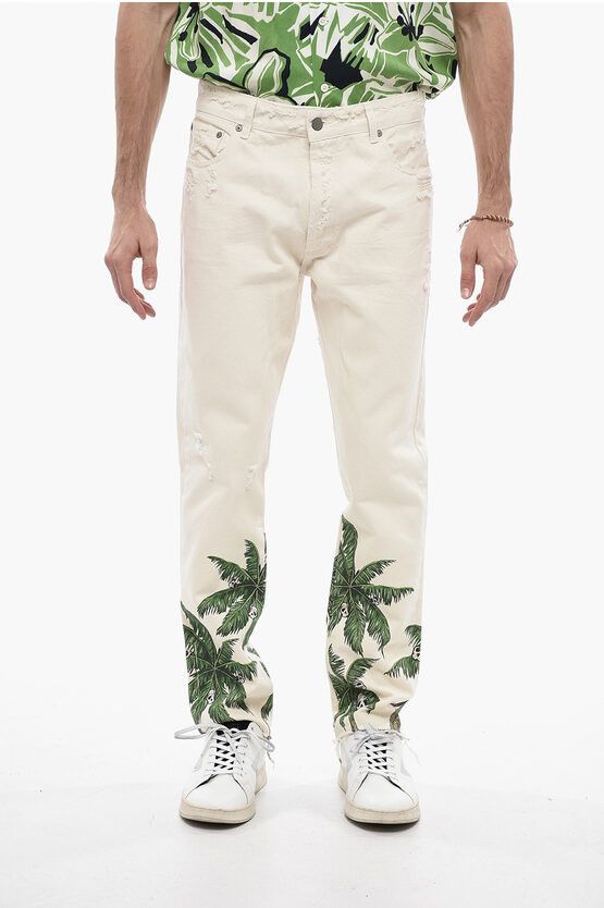 image of Palm Angels Straight-Leg Denims With Palm Print in White, Men's (Size 30)