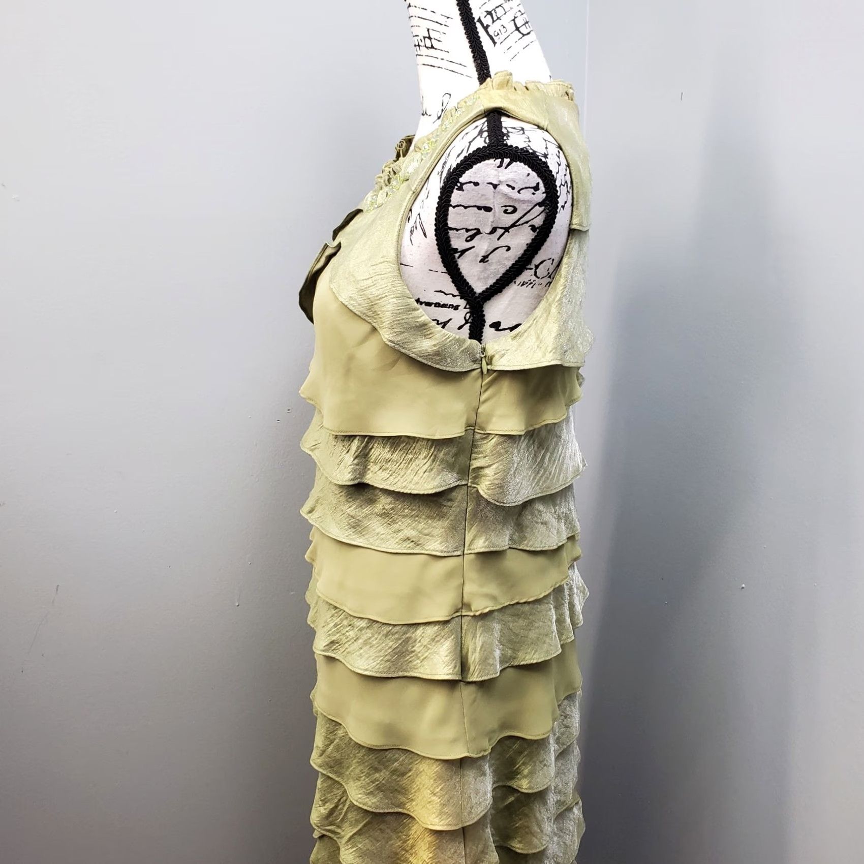 Vintage S.L. Fashions Tiered Dress Womens 14 Green Ruffle Embellished Jewel Neck Detail Dress Size XL / US 12-14 / IT 48-50 - 5 Thumbnail
