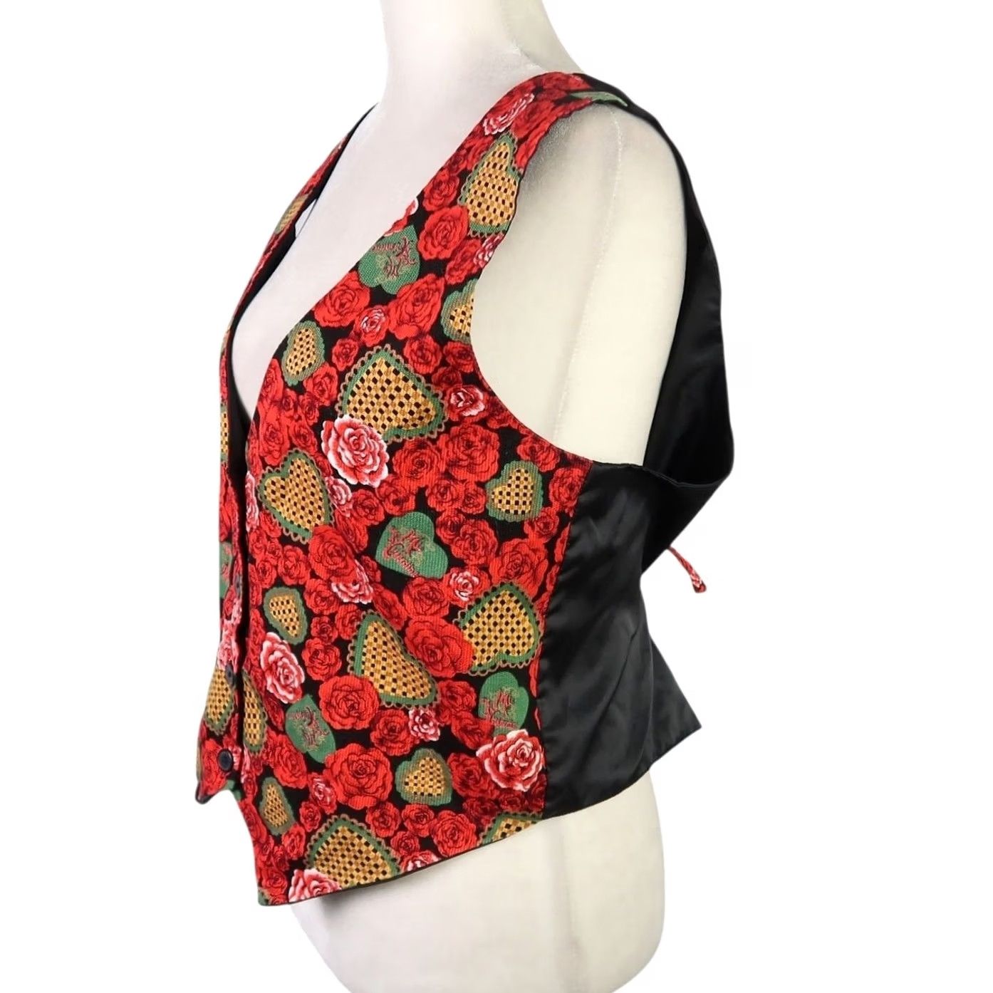 Vintage VINTAGE 90s Red Rose Heart Print Vest L Women's Sleeveless Button Back Cinch Waist Cotton Floral Short Jacket/Coat Fall Spring Fashion Size L / US 10 / IT 46 - 3 Thumbnail