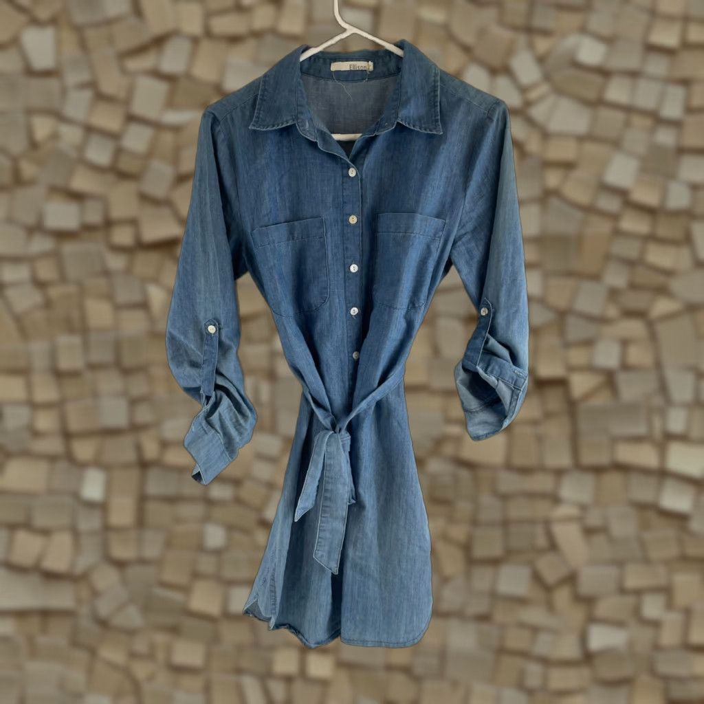 Vintage Ellison Dress Women's Size Small Blue Chambray Knee Length Tie Belt Roll Tab Dress Size S / US 4 / IT 40 - 1 Thumbnail