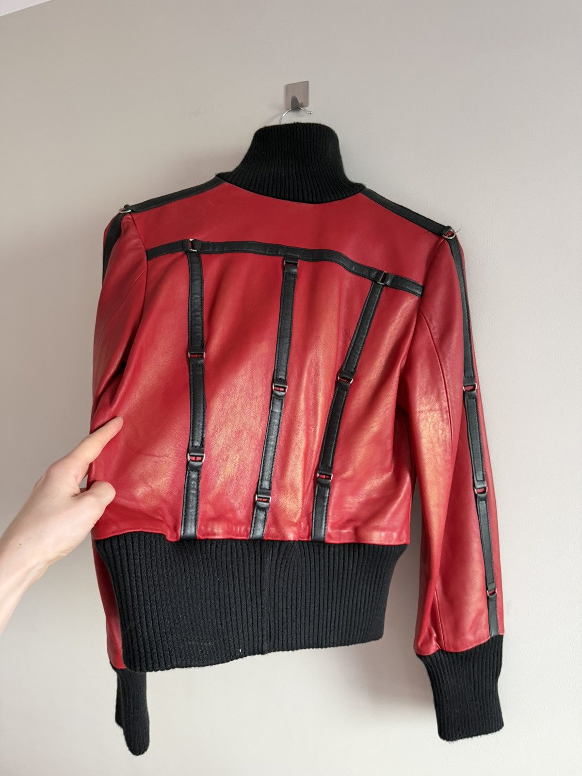 Japanese Brand Red Leather Jacket High Neck Pearl Sheen Strap Detail Size S / US 4 / IT 40 - 8 Thumbnail