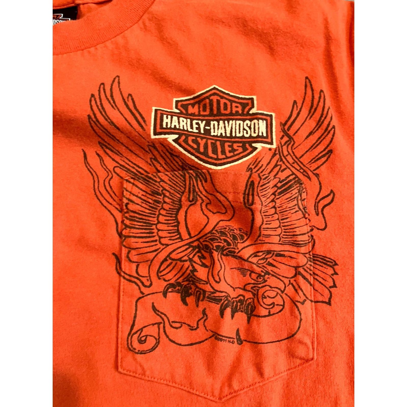 Harley Davidson Harley-Davidson Pocket T-Shirt L Large Orange Burning Eagle Graphic Tampa Orlando Motorcycle Men Short Sleeve Pocketed Shirt Size US L / EU 52-54 / 3 - 3 Thumbnail