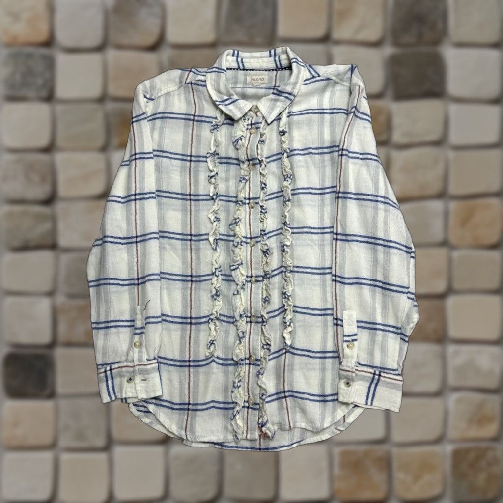 Anthropologie Anthropologie Pilcro Tuxedo Shirt Womens Small White Ruffle Plaid Button Down Size S / US 4 / IT 40 - 1 Thumbnail