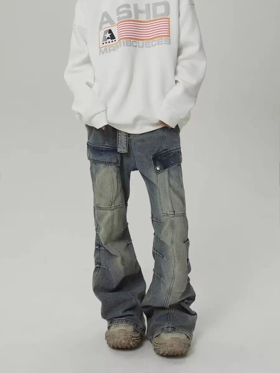image of Heavy-Duty Washed Distressed Pocket Cargo Straight-Leg Jeans in Blue, Men's (Size 32)