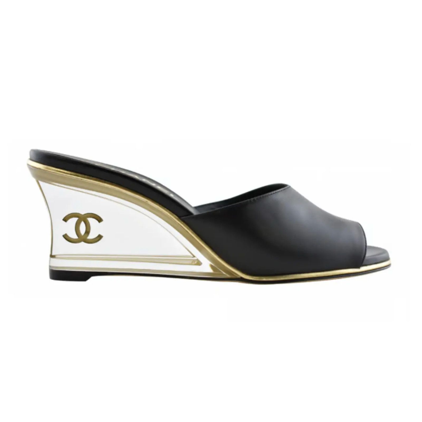 Chanel Chanel 20S Black Lambskin Clear Gold CC Mules Slide Size US 5.5 / IT 35.5 - 1 Thumbnail