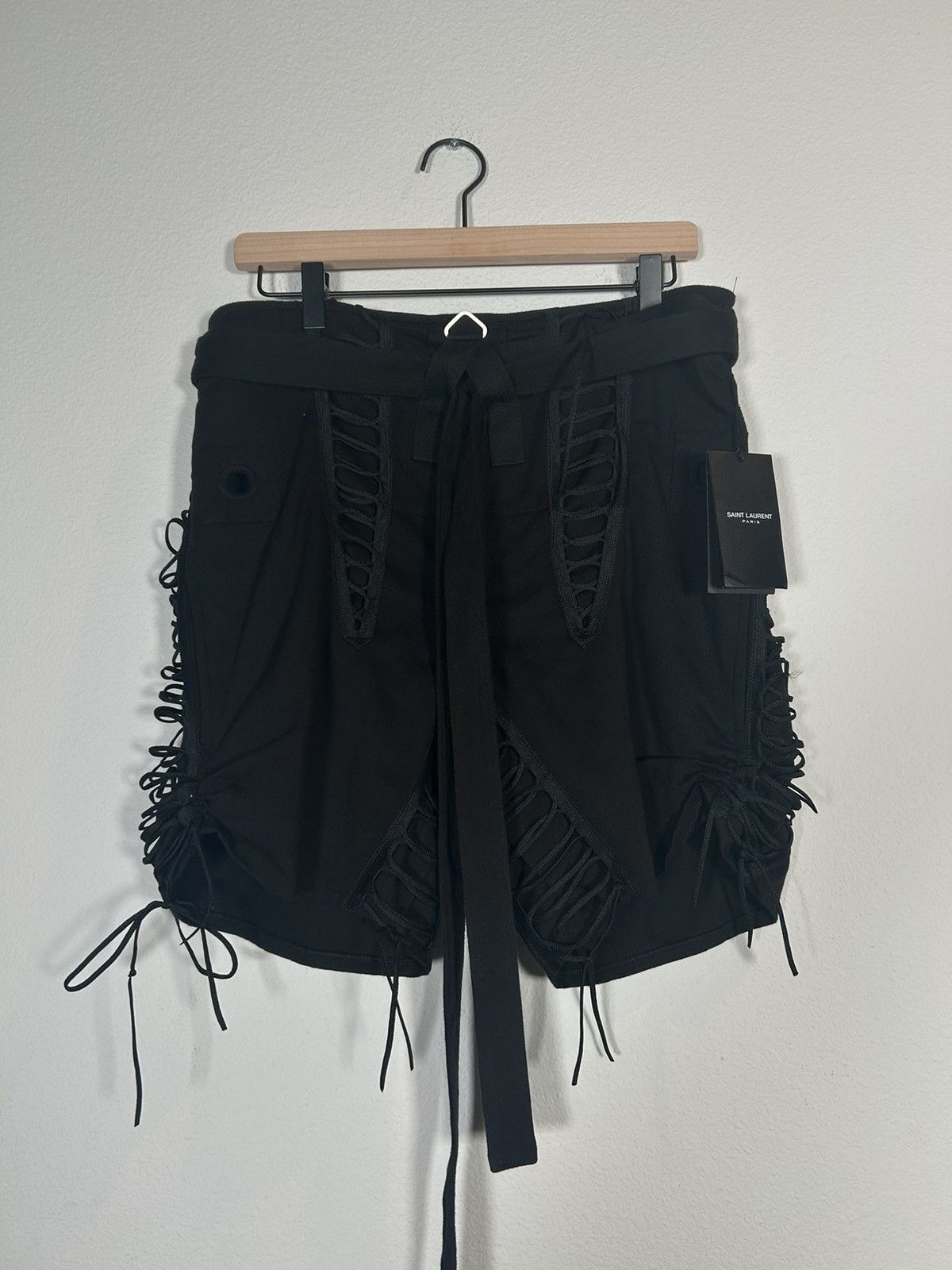 Pre-owned Saint Laurent Nwt! Ss19 Runway Aviator Lace Up Shorts In Black