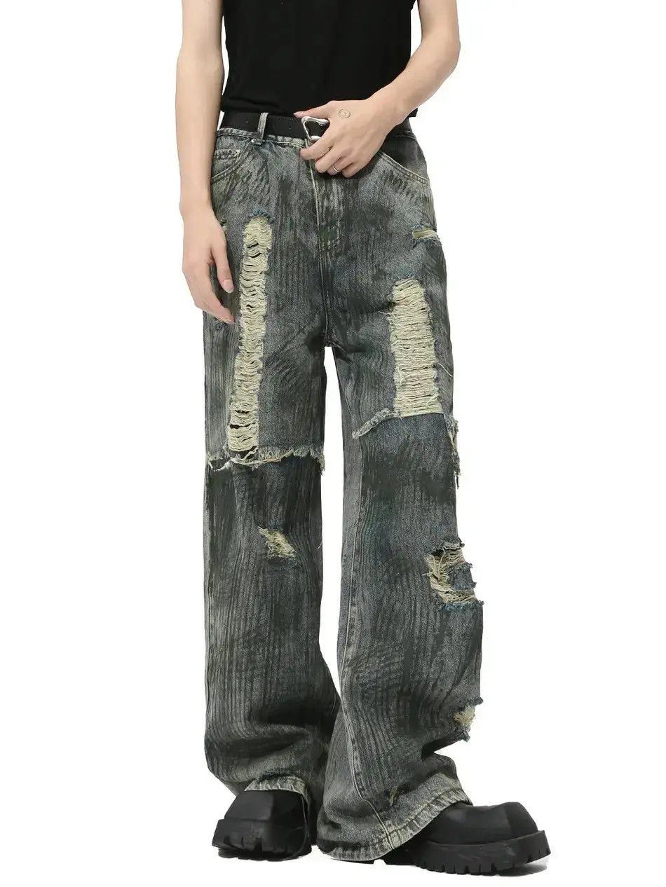 Japanese Brand Retro loose straight leg patchwork ripped jeans Size US 33 - 6 Thumbnail