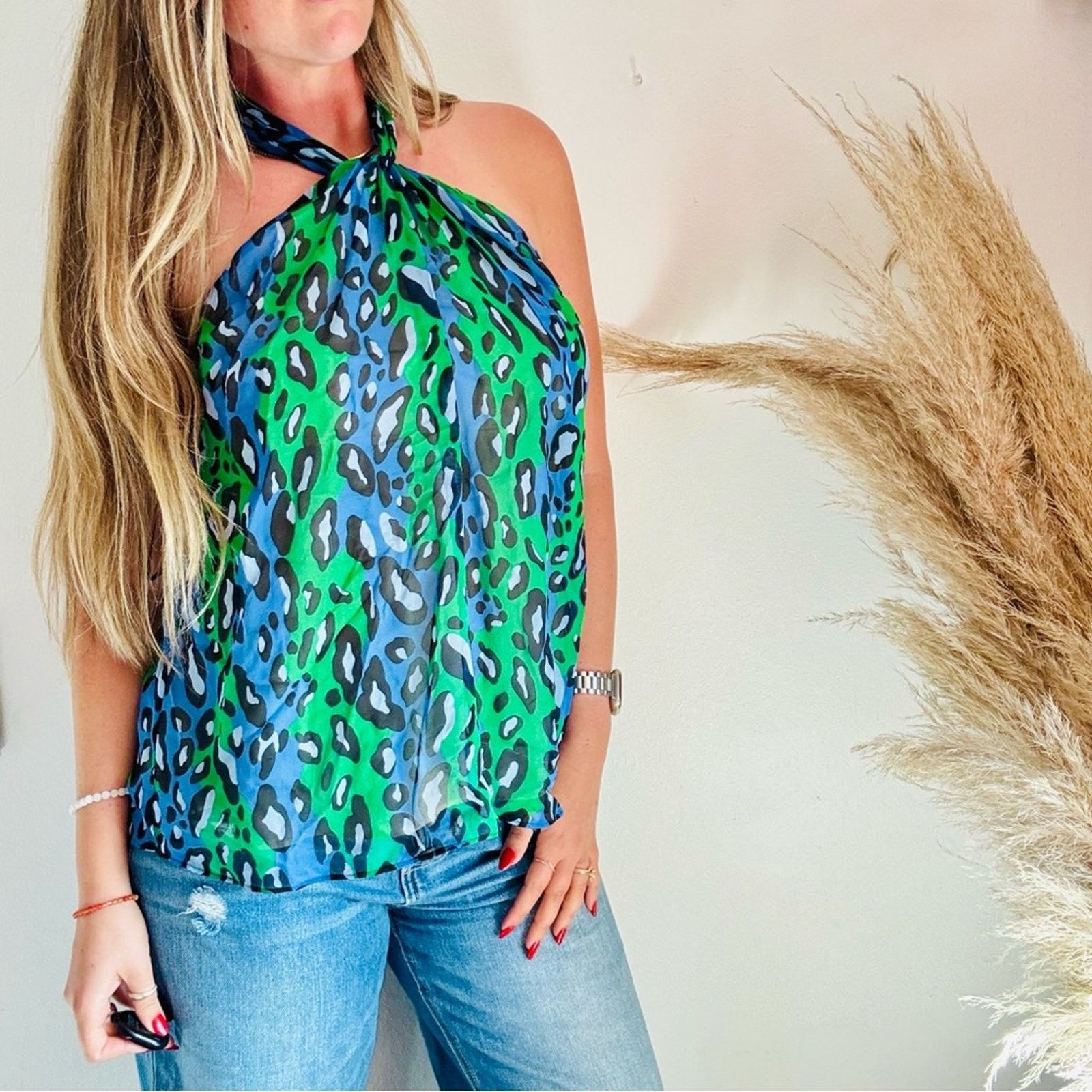 Vintage VINTAGE Blue Green Black Silk Halter Tie Tank Top Blouse Size M / US 6-8 / IT 42-44 - 14 Thumbnail