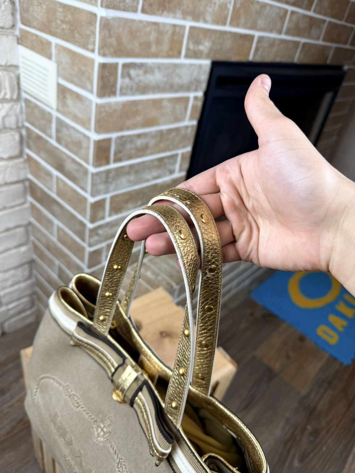 Prada Prada Brown Logo Jacquard Canvas Mettalic Gold Handle Bag Size ONE SIZE - 7 Thumbnail