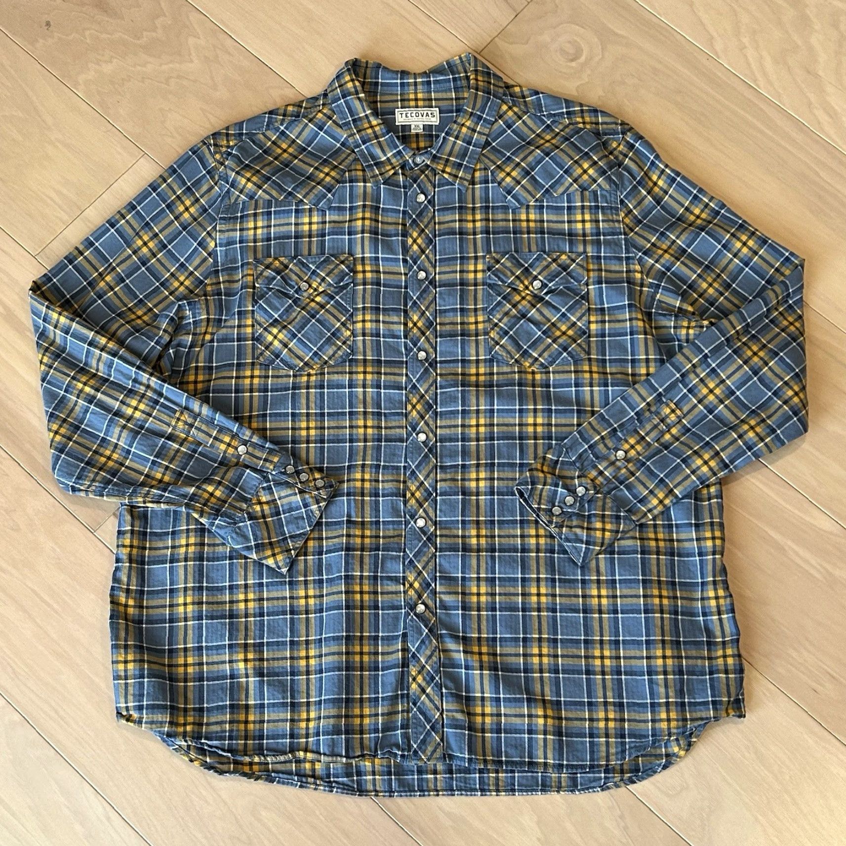 Tecovas Shirt Western Pearl Snap Flannel Plaid Long Sleeve Men’s 2XL Blue Cotton Regular Fit Button-Up Casual 2000s Western Logo Texas Mens
