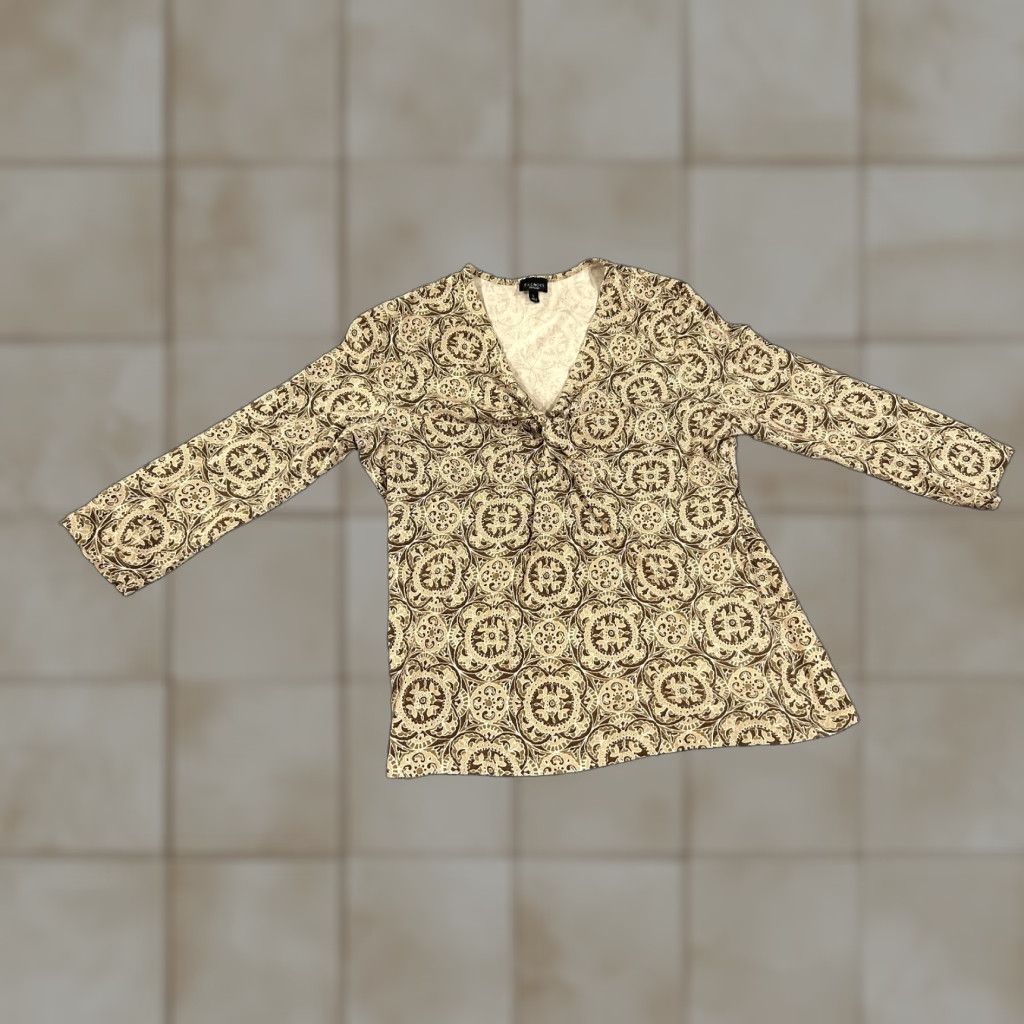 Talbots Talbots Blouse Shirt Womens L Tan Brown Medallion Boho V-Neck Stretch Long Sleeve Knit Cotton Spandex Solid Regular Basic Casual Vintage No Size L / US 10 / IT 46 - 1 Thumbnail