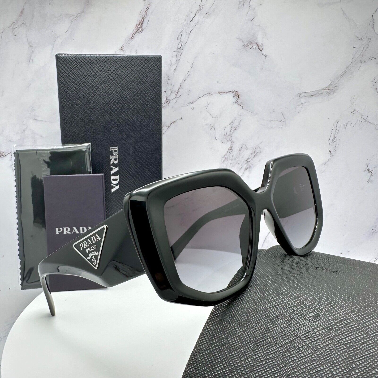 image of Prada Sunglasses Black Triangle Metal Plaque Logo Square, Women's