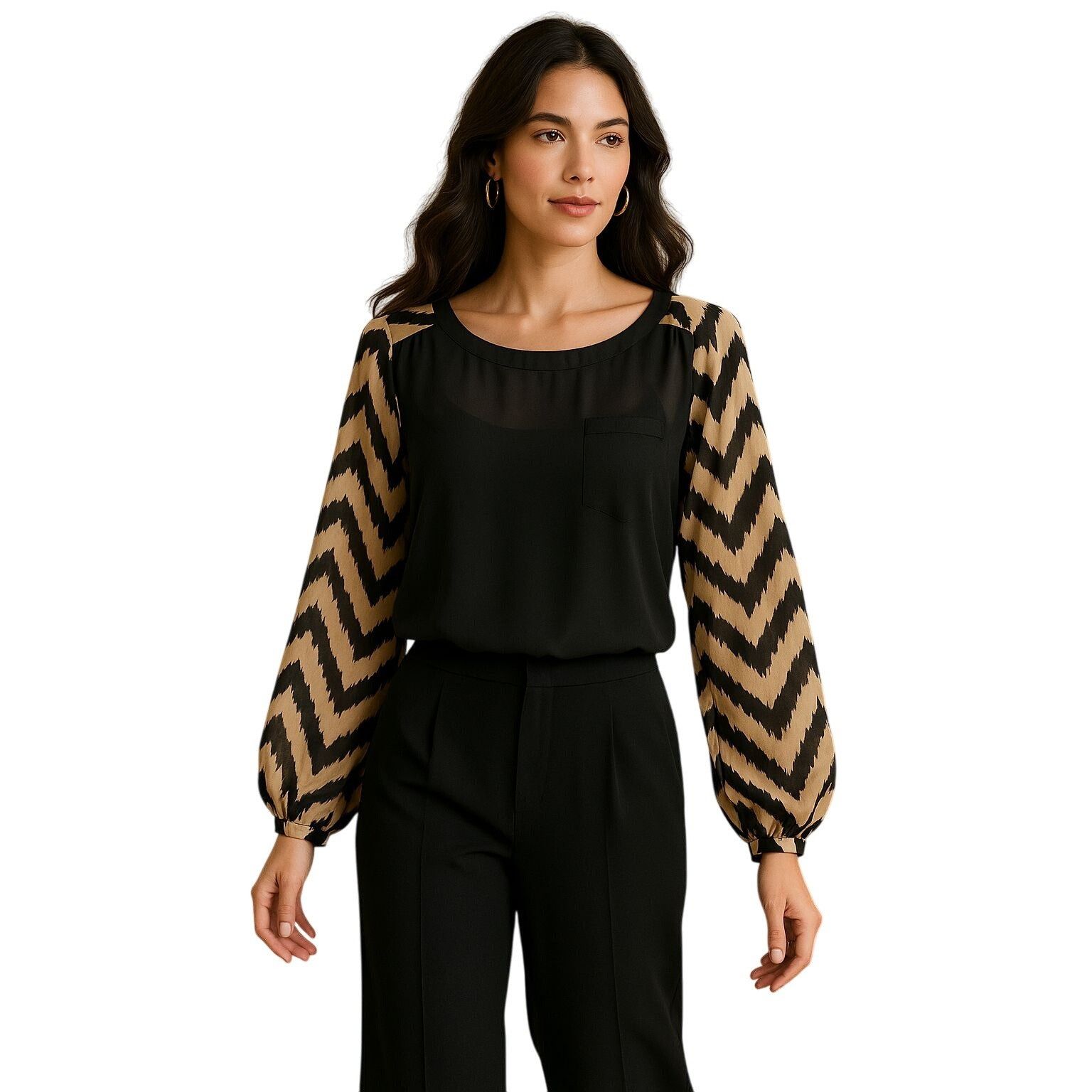 Other AB Studio Sheer Chevron Blouse Black Beige Long Sleeve Light Size M / US 6-8 / IT 42-44 - 2 Thumbnail