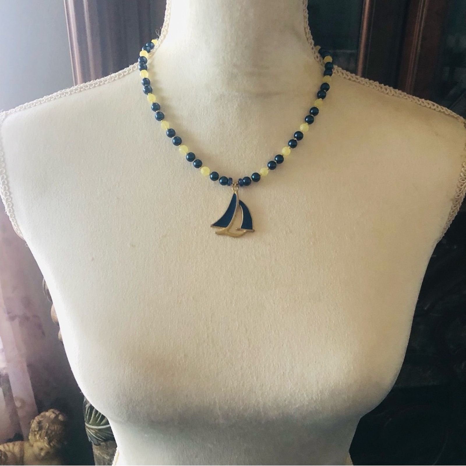 Handmade Handcrafted repurpose royal blue sailboat Pearl necklac Size ONE SIZE - 5 Thumbnail