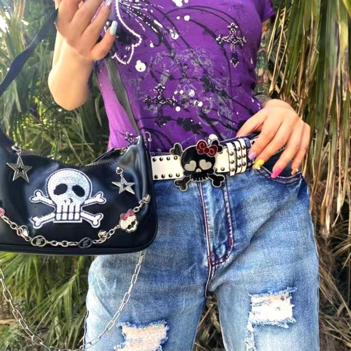 Designer Skull Vintage Belt Riveted Belts Menswear Accessories Size ONE SIZE - 2 Thumbnail
