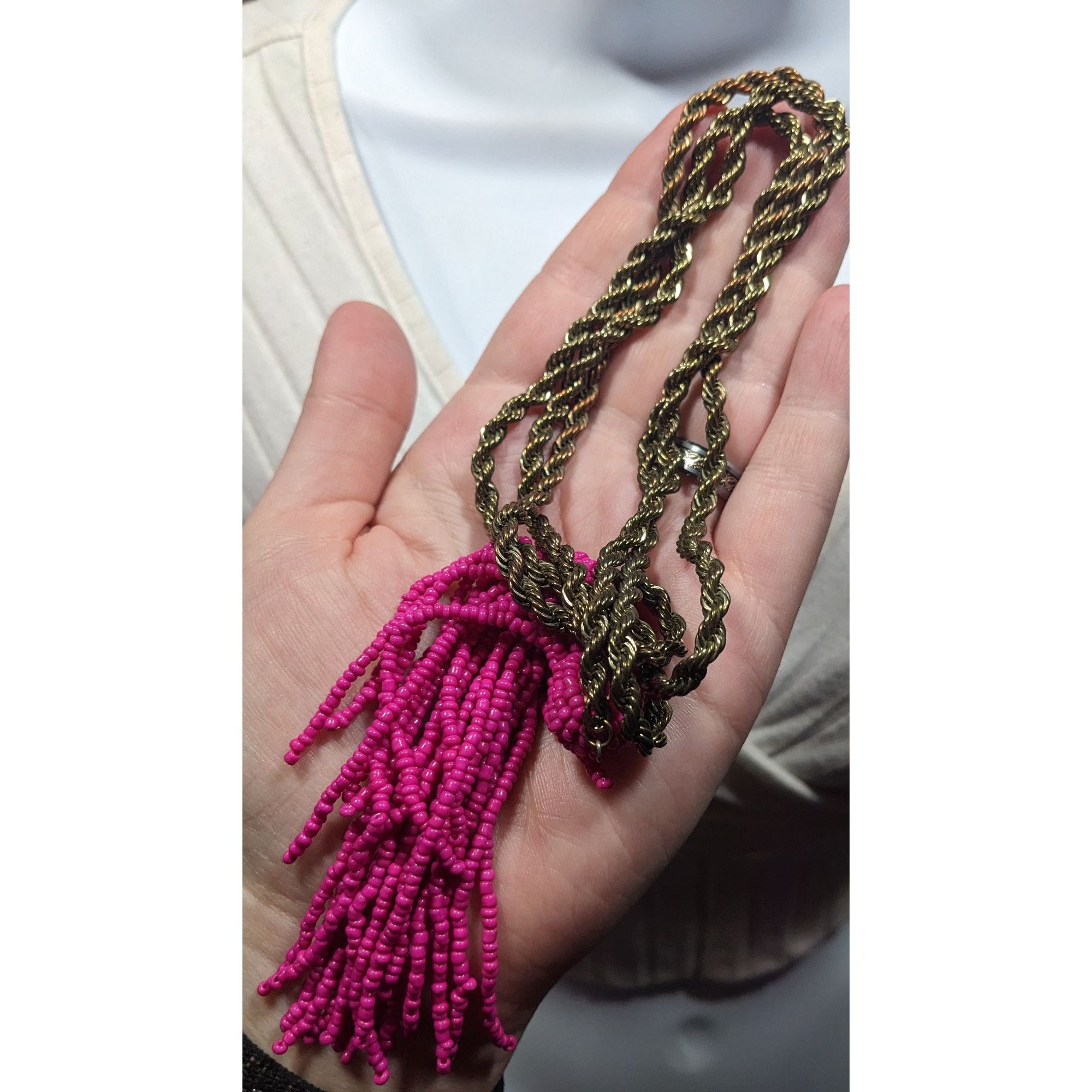 Other Pink Glass Beaded Fringe End Gold Tone Chain Wrap Necklace Size ONE SIZE - 7 Thumbnail