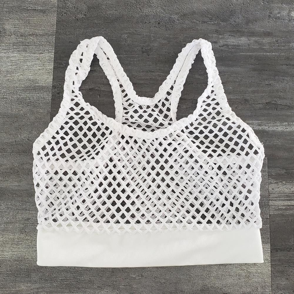 Designer White Meshed Out Racerback Sport Bra Size ONE SIZE - 1 Thumbnail